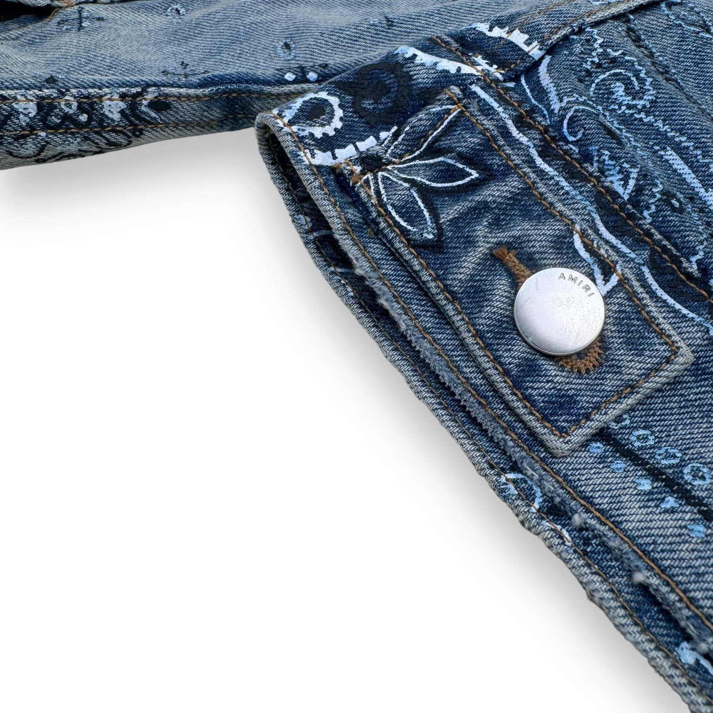 AMIRI SLIM-FIT DISTRESSED BANDANA-PRINT DENIM JACKET BLUE M