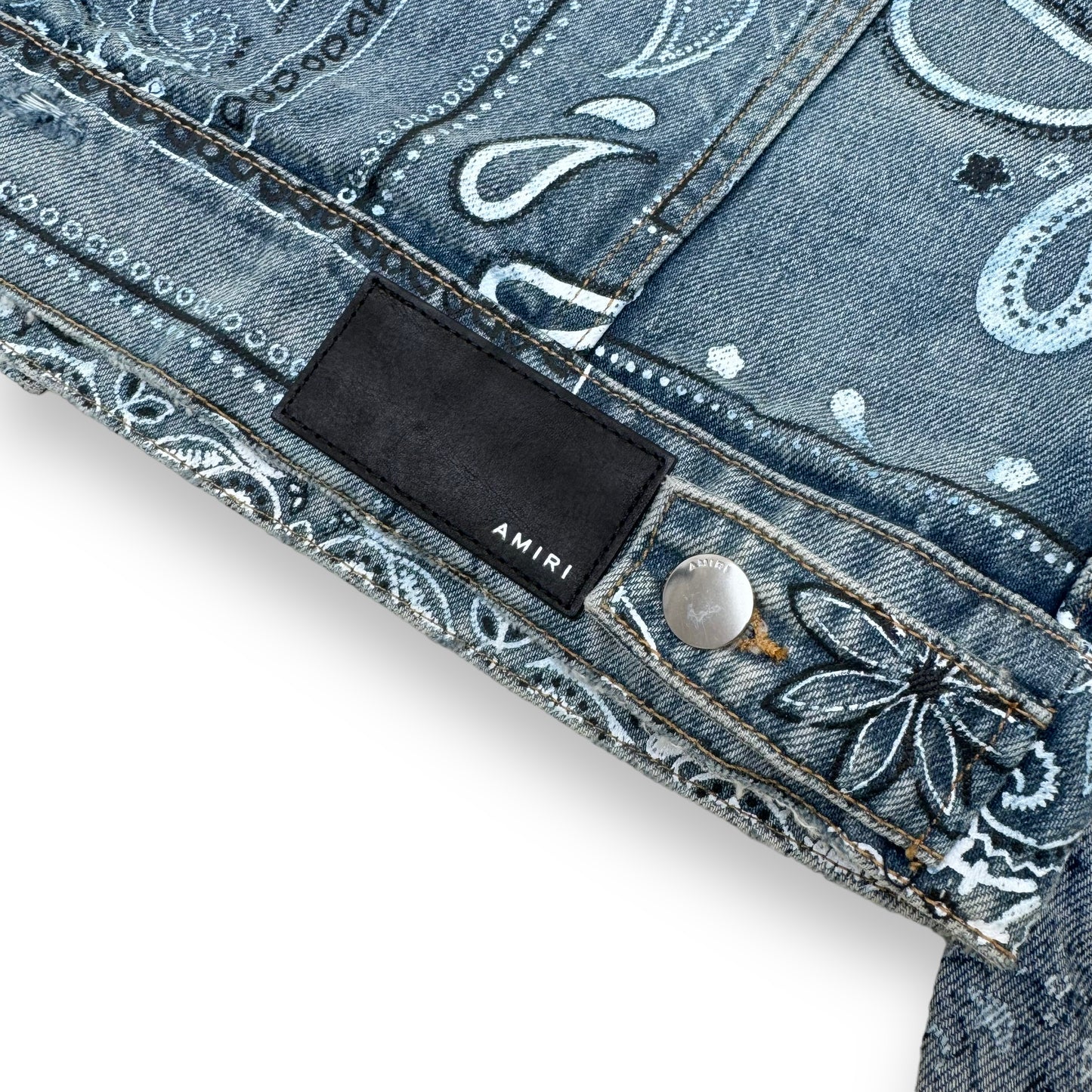 AMIRI SLIM-FIT DISTRESSED BANDANA-PRINT DENIM JACKET BLUE M