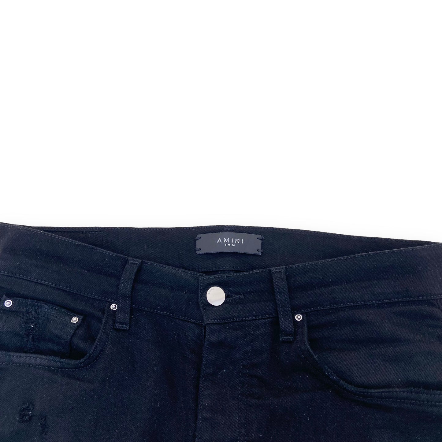 AMIRI LEATHER PATCH DISTRESSED DENIM JEANS BLACK 34W