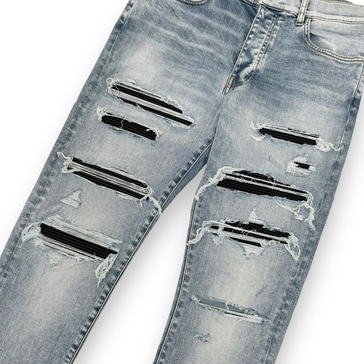 AMIRI DISTRESSED LEATHER PATCH WASHED DENIM JEANS BLUE 36W