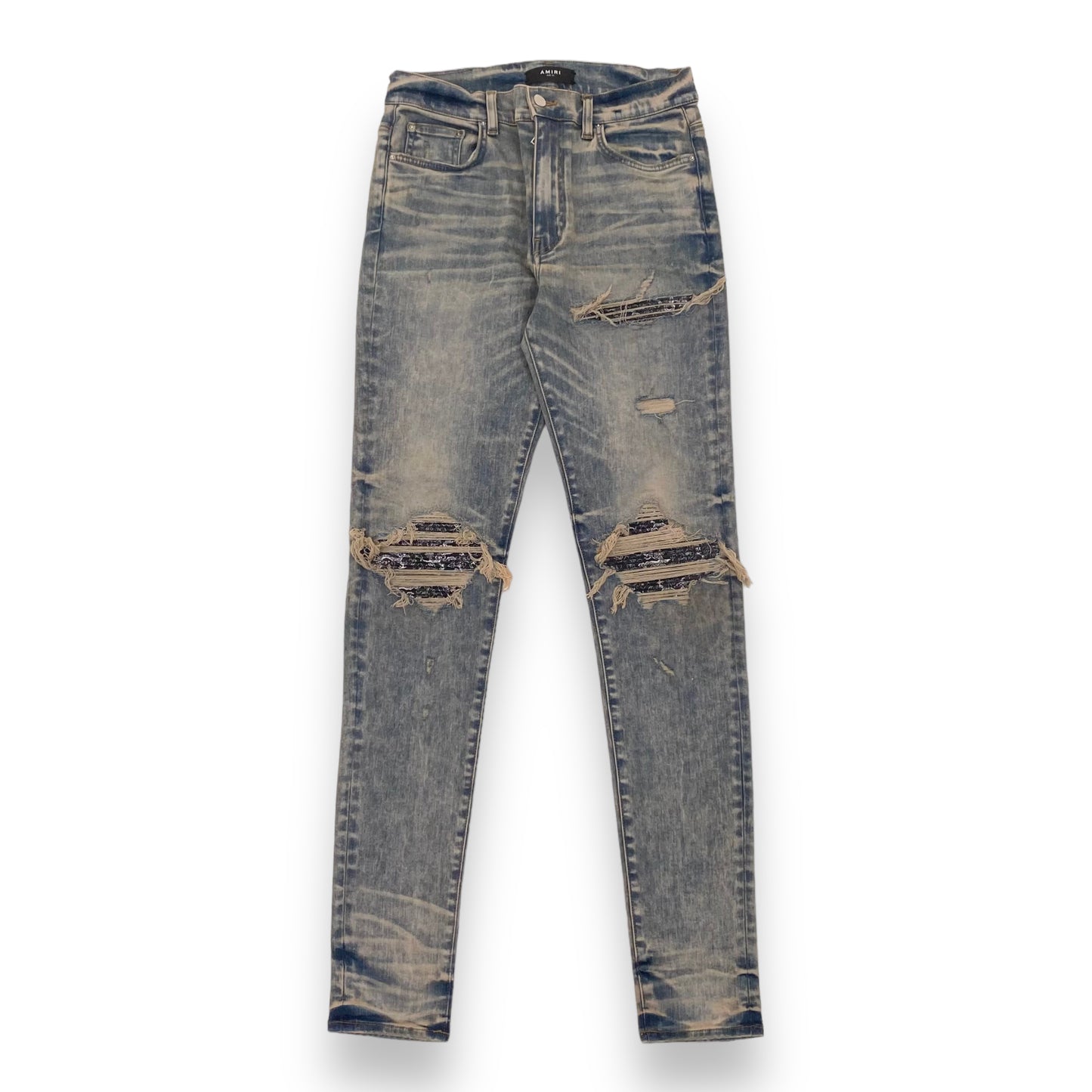 AMIRI MX1 SKINNY-FIT BANDANA DISTRESSED DENIM JEANS BLUE 33W