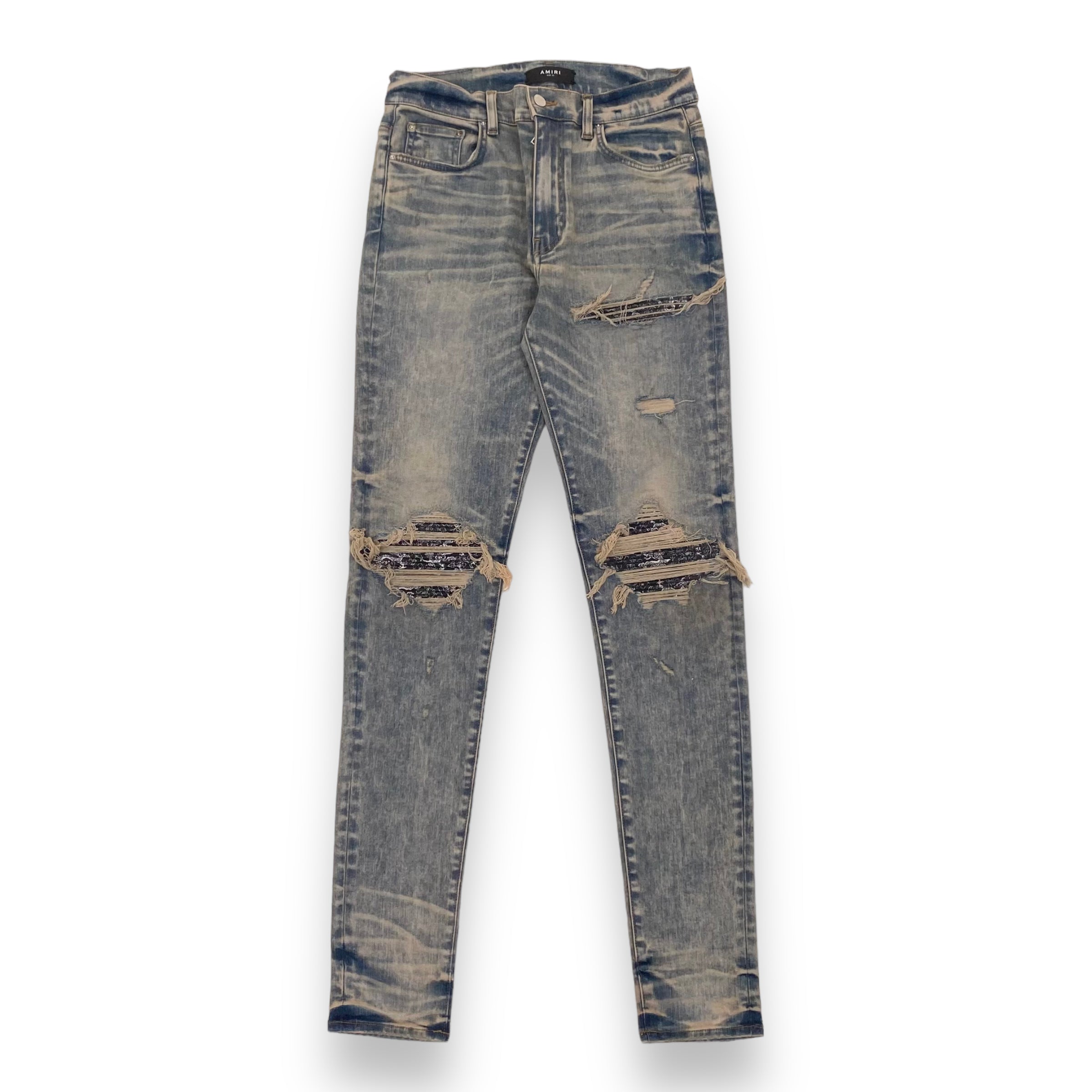 AMIRI MX1 SKINNY-FIT BANDANA DISTRESSED DENIM JEANS BLUE 33W