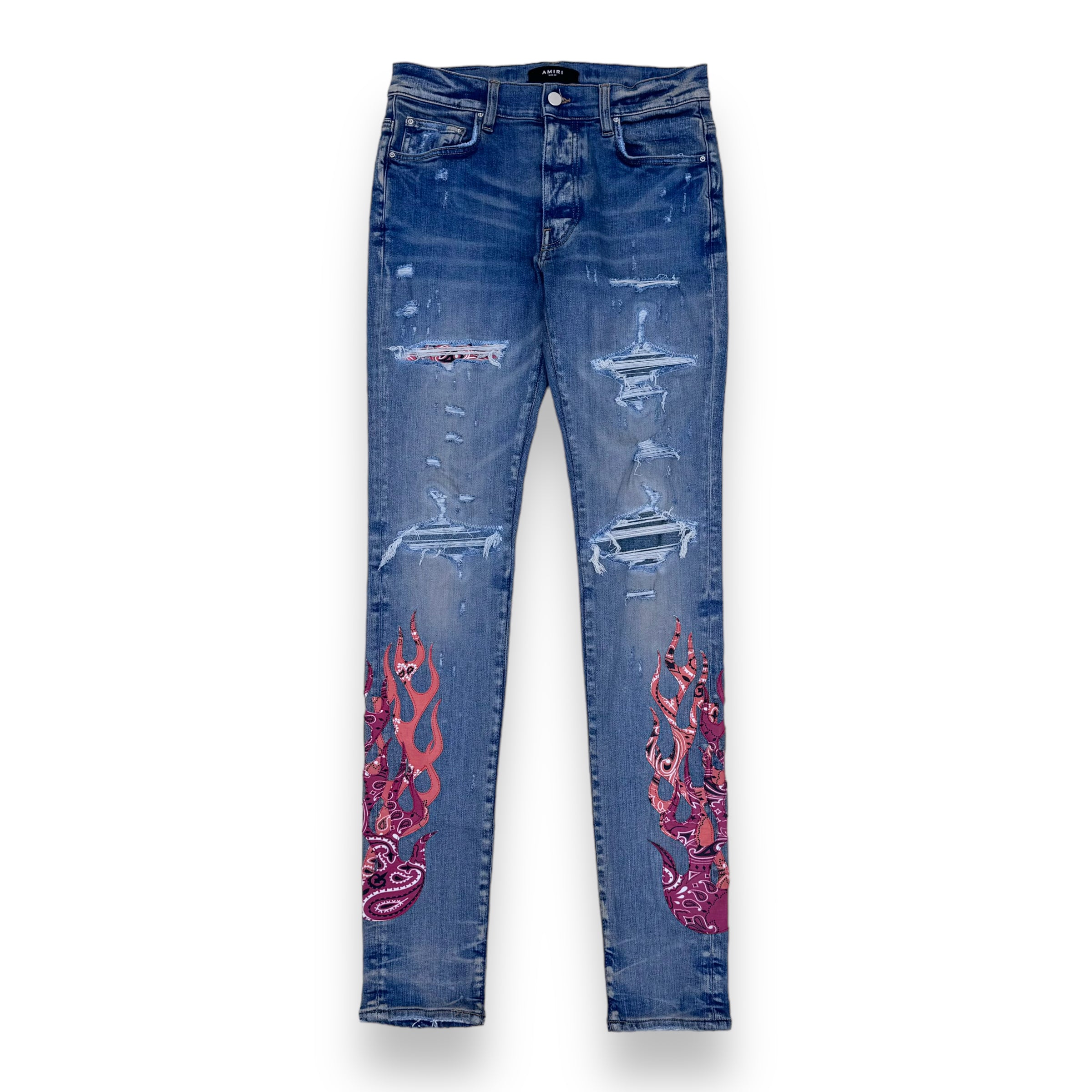 AMIRI BANDANA FLAME DISTRESSED DENIM JEANS BLUE 30W