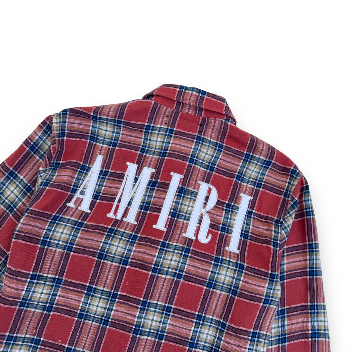 AMIRI LOGO-APPLIQUÉ DISTRESSED CHECKED COTTON / LINEN FLANNEL SHIRT ORANGE XS