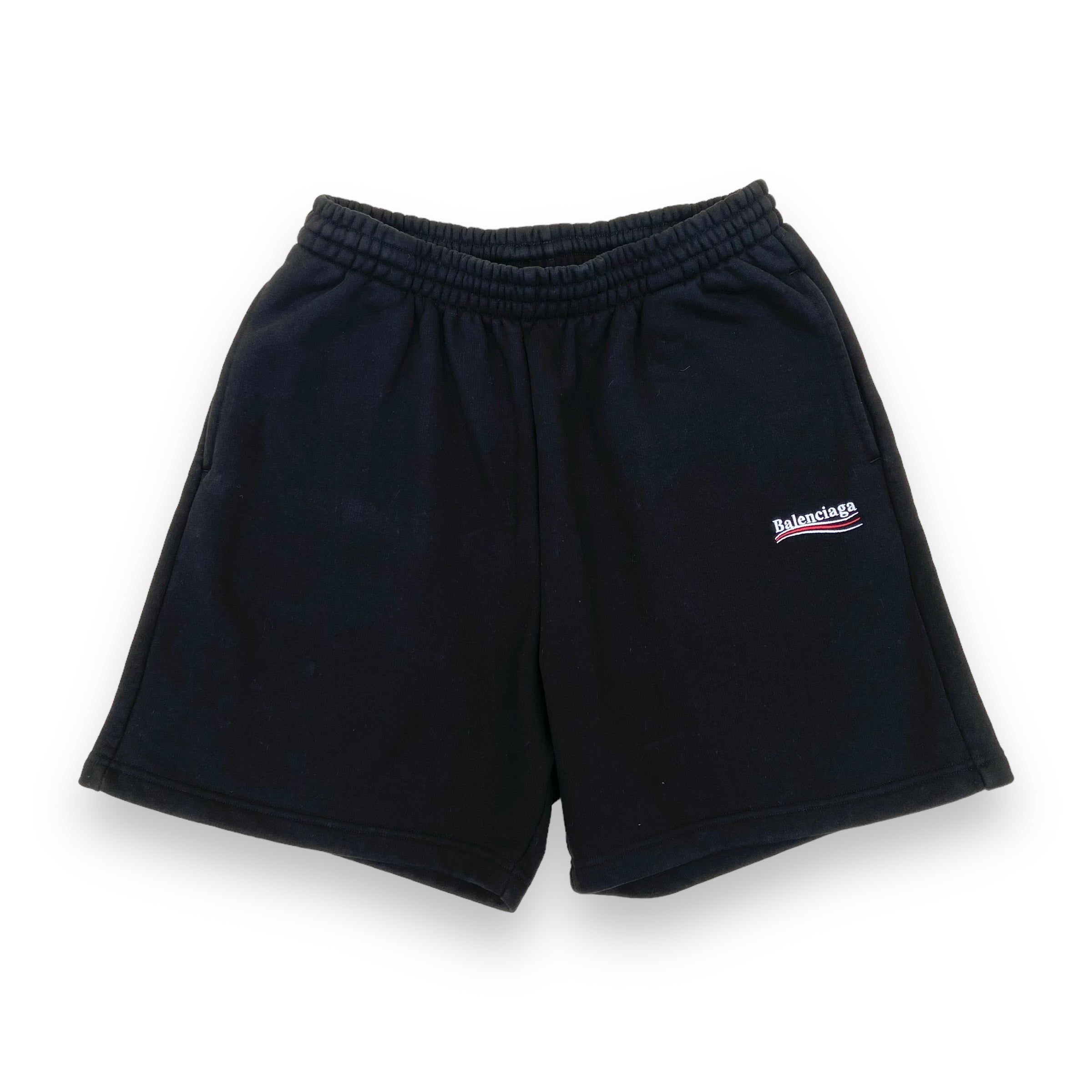 BALENCIAGA EMBROIDERED COTTON-JERSEY POLITICAL LOGO SHORTS BLACK S