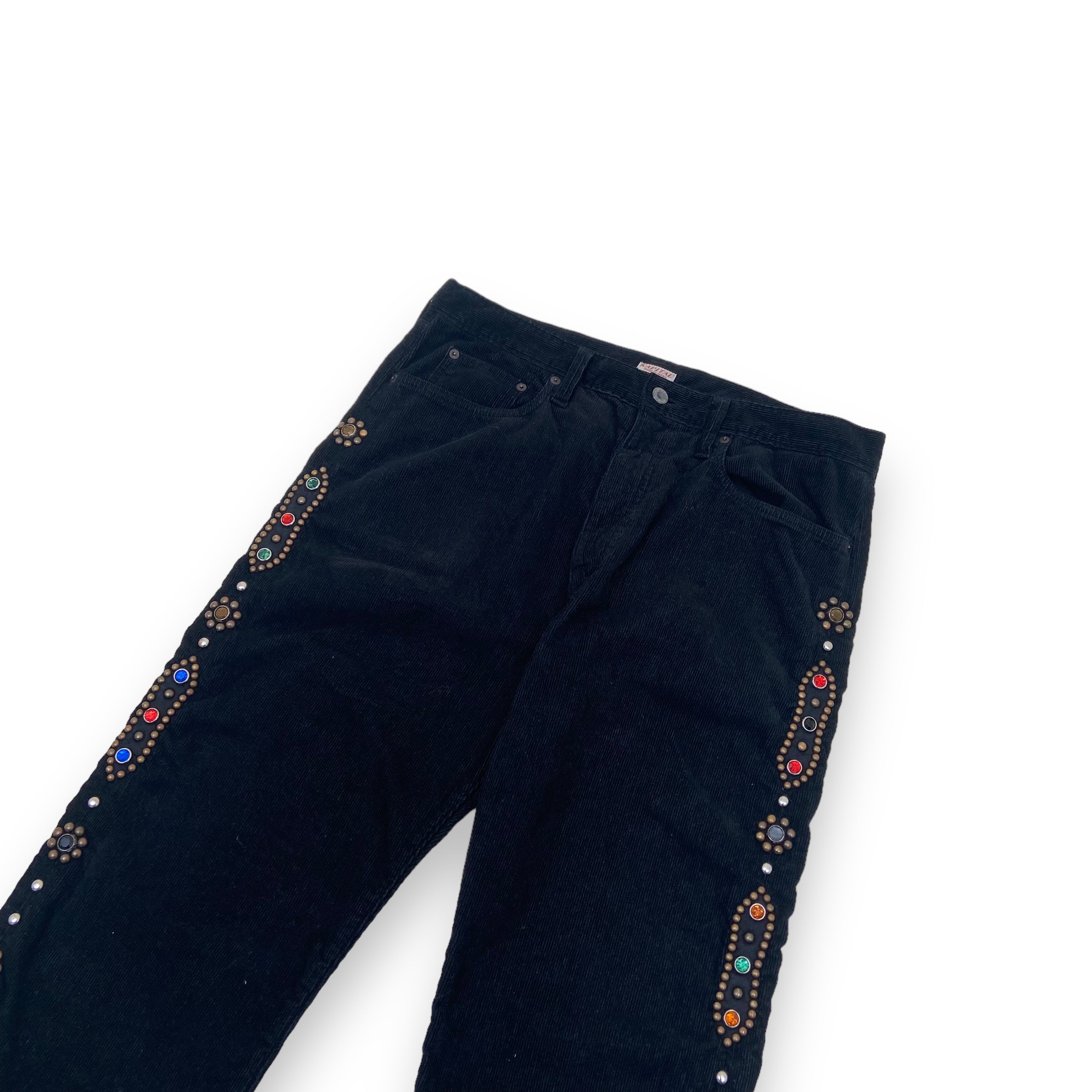 KAPITAL CORDUROY GEMSTONE EMBELLISHED STRAIGHT-LEG TROUSERS BLACK 34W