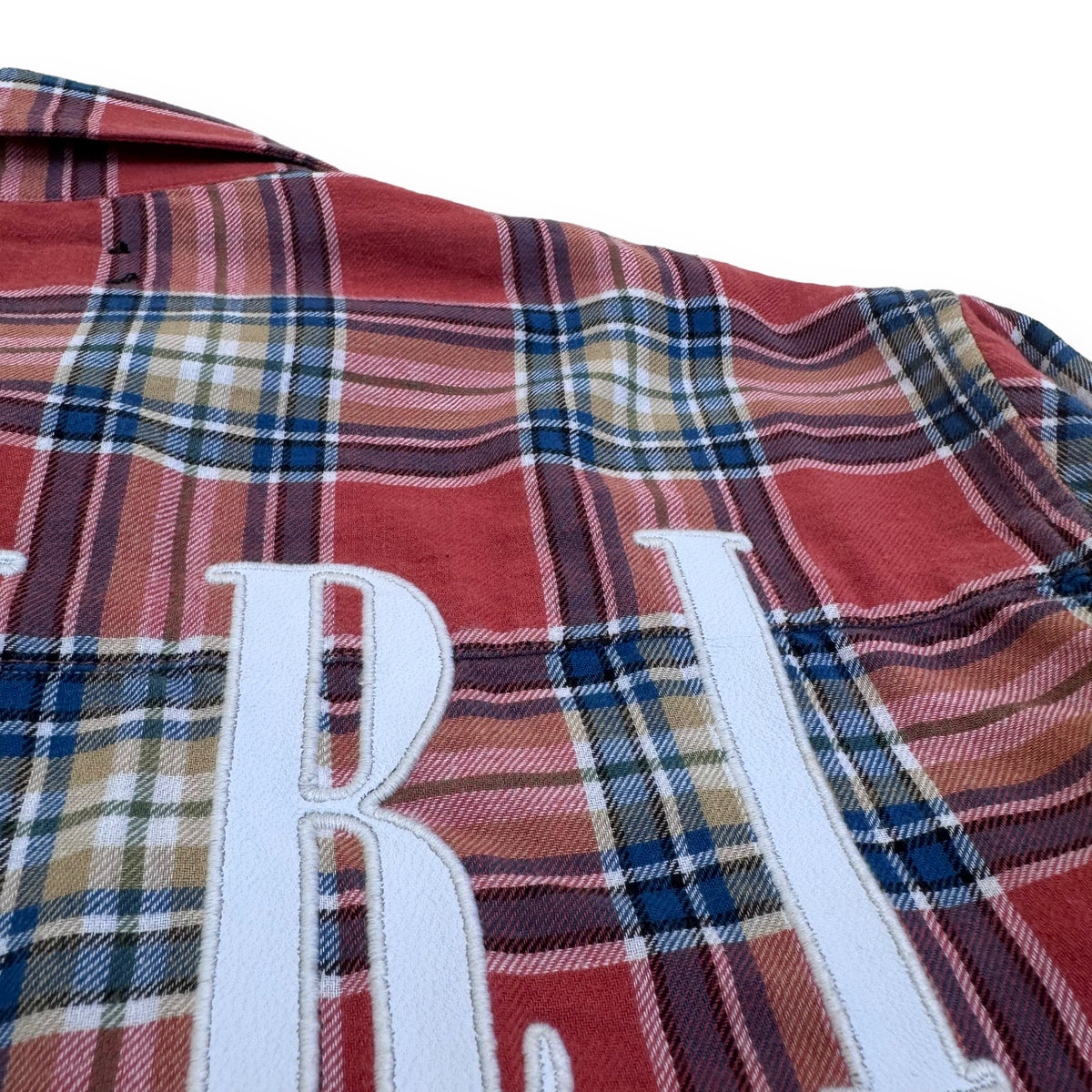 AMIRI LOGO-APPLIQUÉ DISTRESSED CHECKED COTTON / LINEN FLANNEL SHIRT ORANGE XS