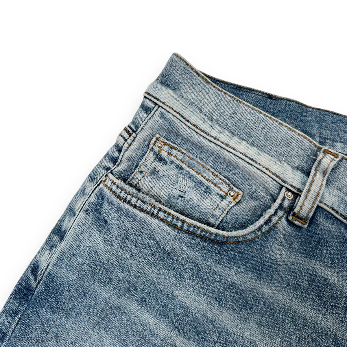 AMIRI DISTRESSED LEATHER PATCH WASHED DENIM JEANS BLUE 36W