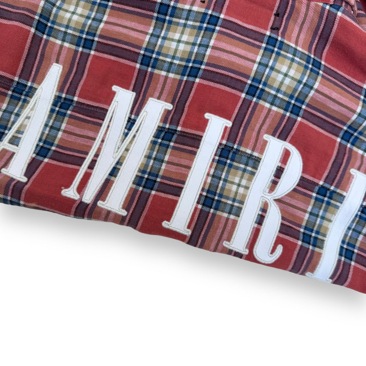 AMIRI LOGO-APPLIQUÉ DISTRESSED CHECKED COTTON / LINEN FLANNEL SHIRT ORANGE XS