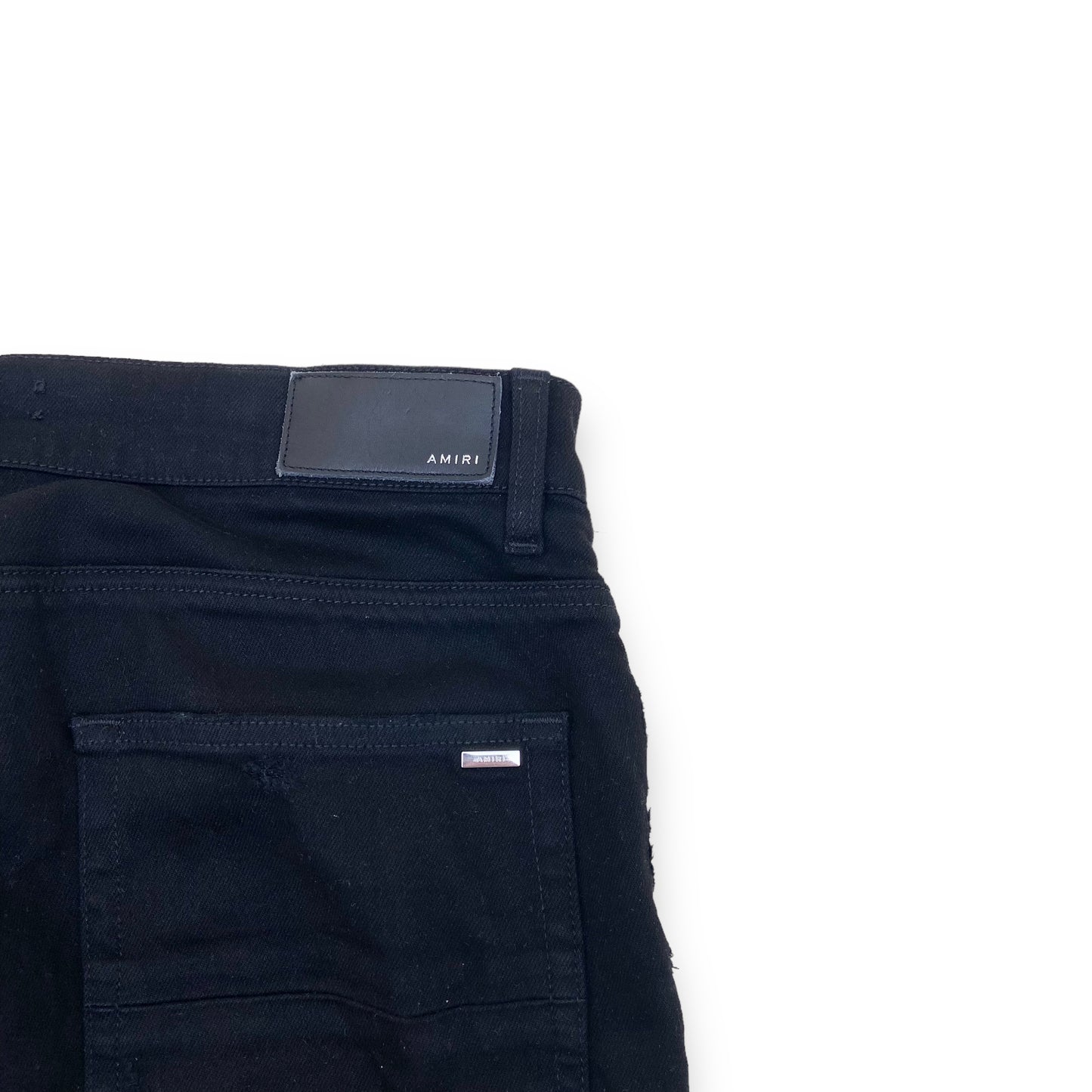 AMIRI LEATHER PATCH DISTRESSED DENIM JEANS BLACK 34W