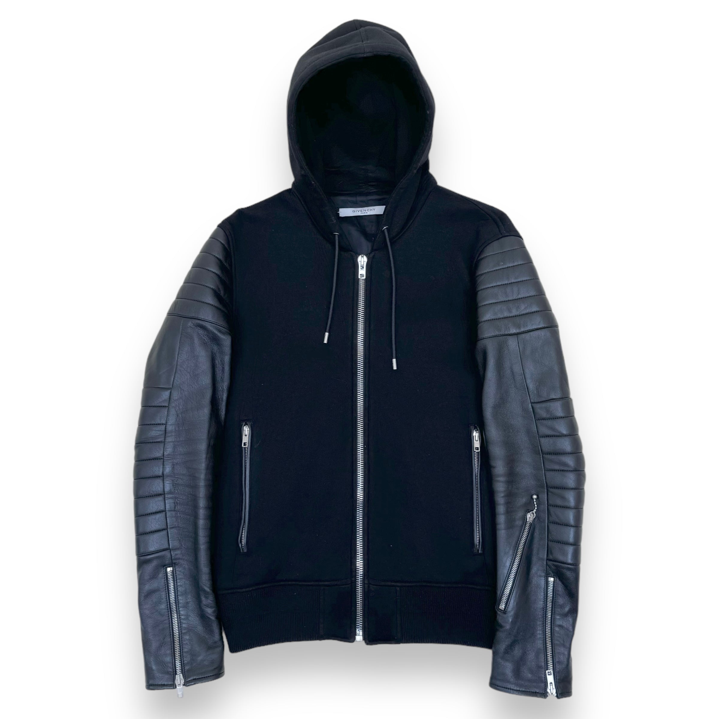 GIVENCHY HOODED NEOPRENE / LEATHER HOODED BOMBER JACKET BLACK S
