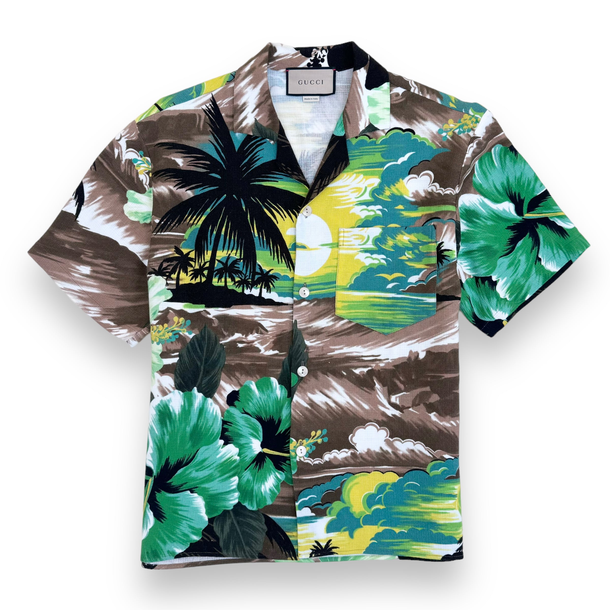 GUCCI LOVE PARADISE VISCOSE PALM TREE SHIRT GREEN M