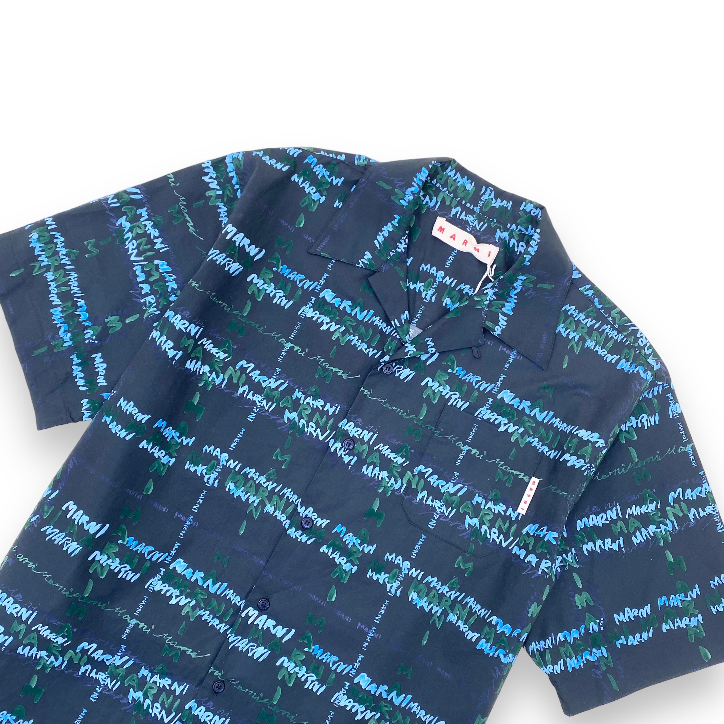 MARNI LOGO-PRINT COTTON SHIRT NAVY L