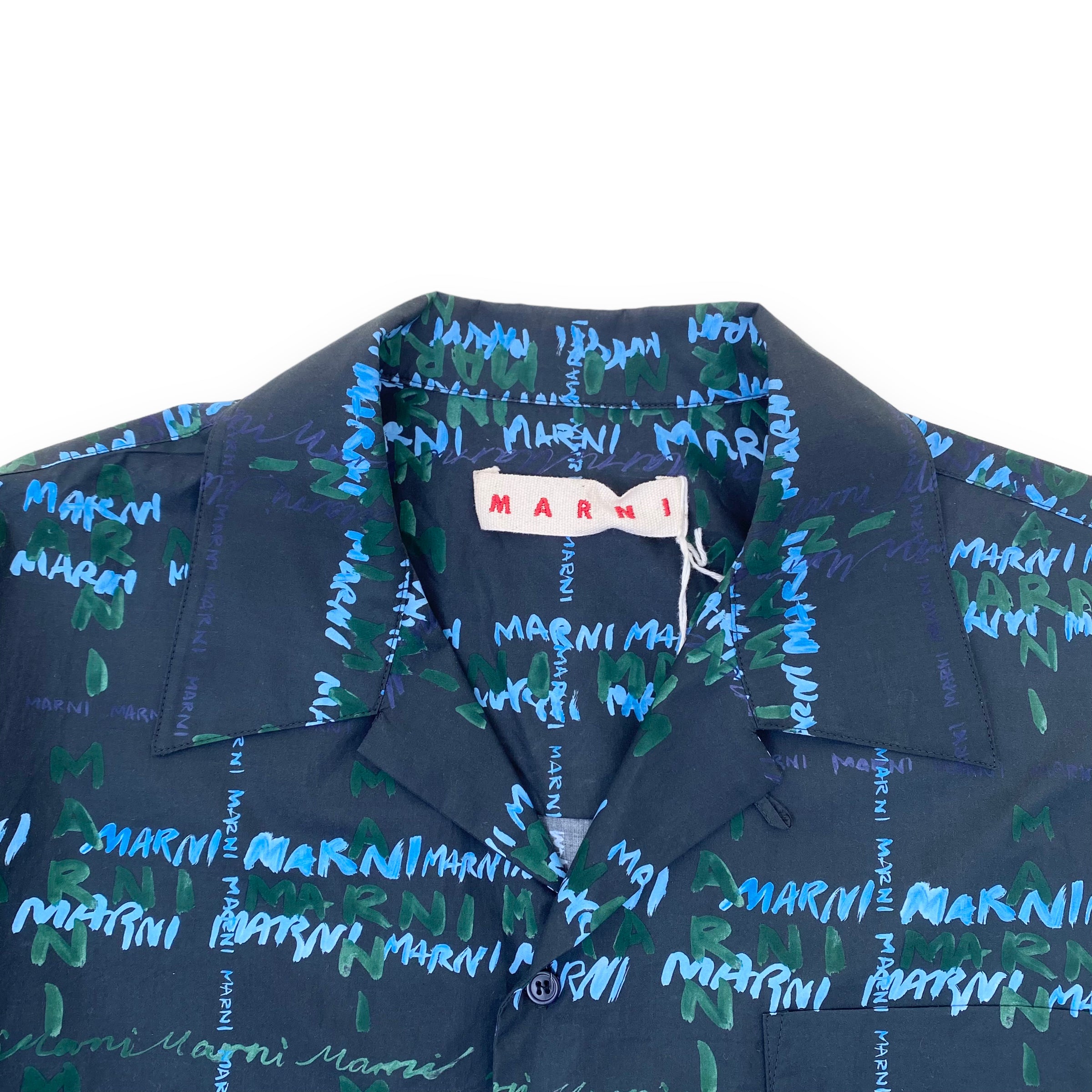 MARNI LOGO-PRINT COTTON SHIRT NAVY L