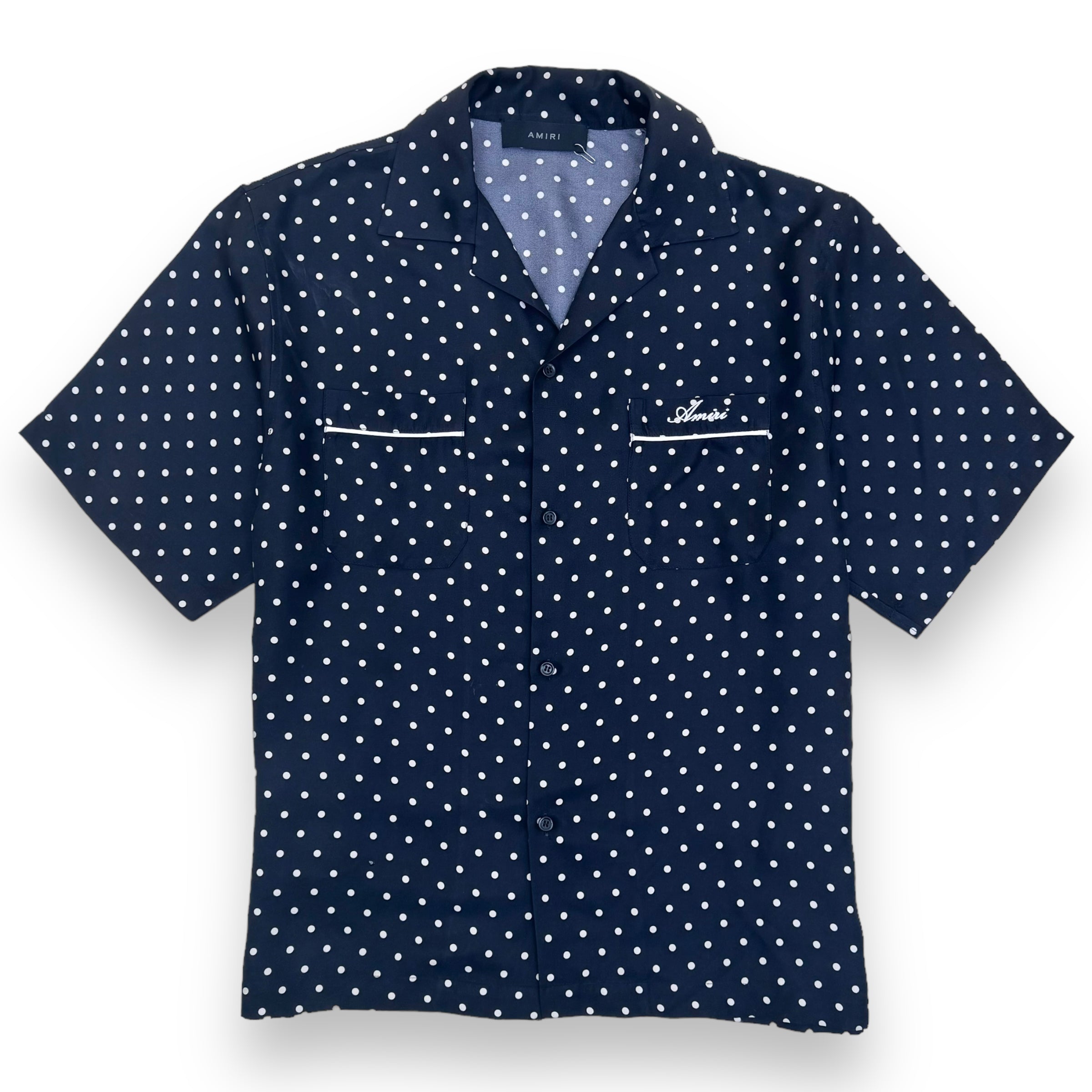 AMIRI SILK TWILL SHORT SLEEVE POLKADOT SHIRT BLACK M