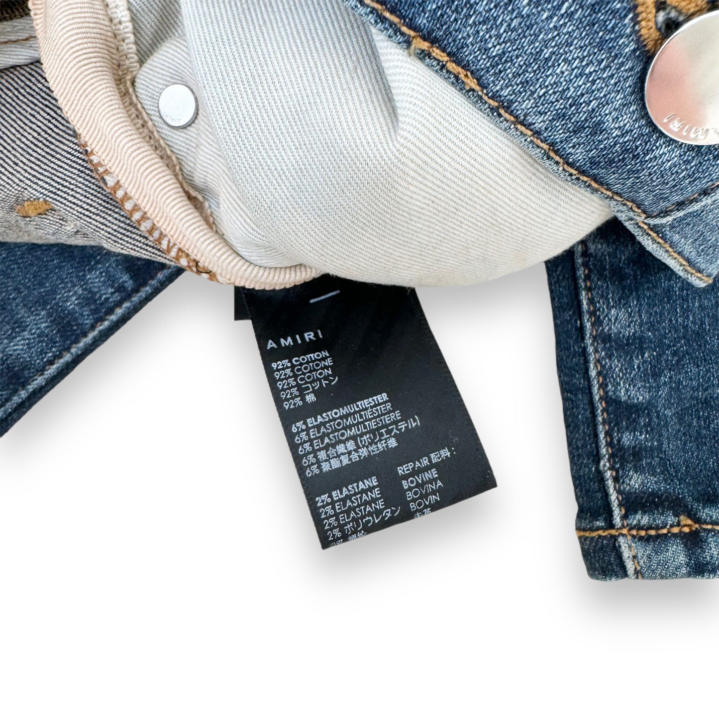 AMIRI LEATHER CORE LOGO DENIM JEANS BLUE 34W