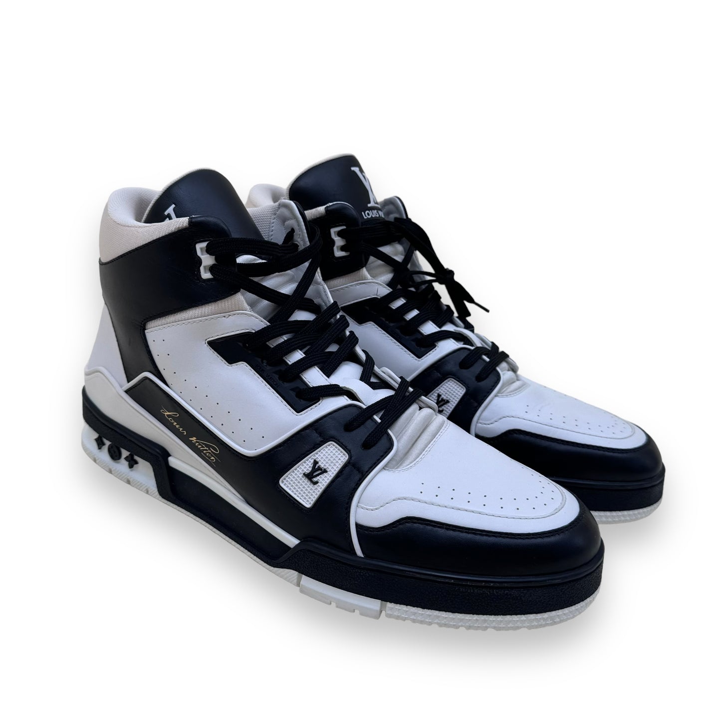 LOUIS VUITTON HIGH-TOP LEATHER SIGNATURE SNEAKER BLACK / WHITE UK11