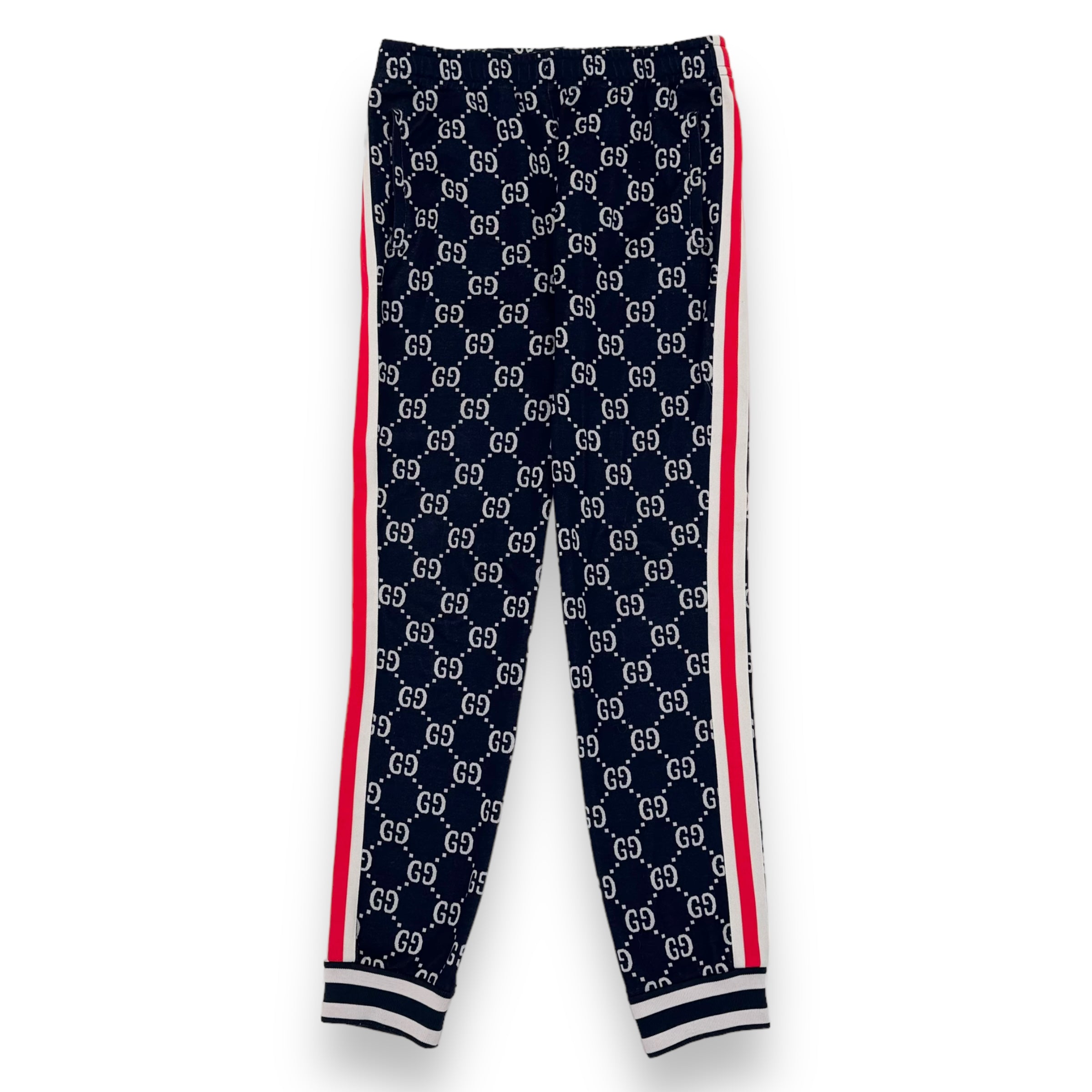GUCCI GG TAPERED STRIPED LOGO-INTARSIA COTTON TRACK PANTS NAVY L