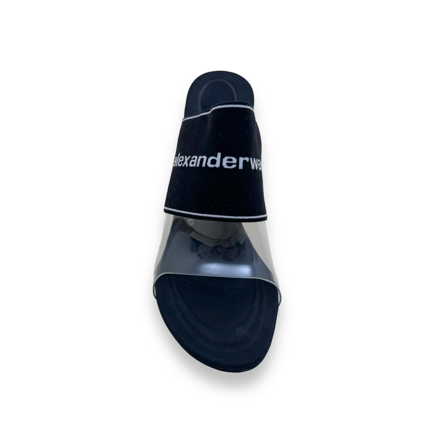 ALEXANDER WANG SIENNA LOGO-JACQUARD STRETCH-KNIT / PVC MULES BLACK UK8