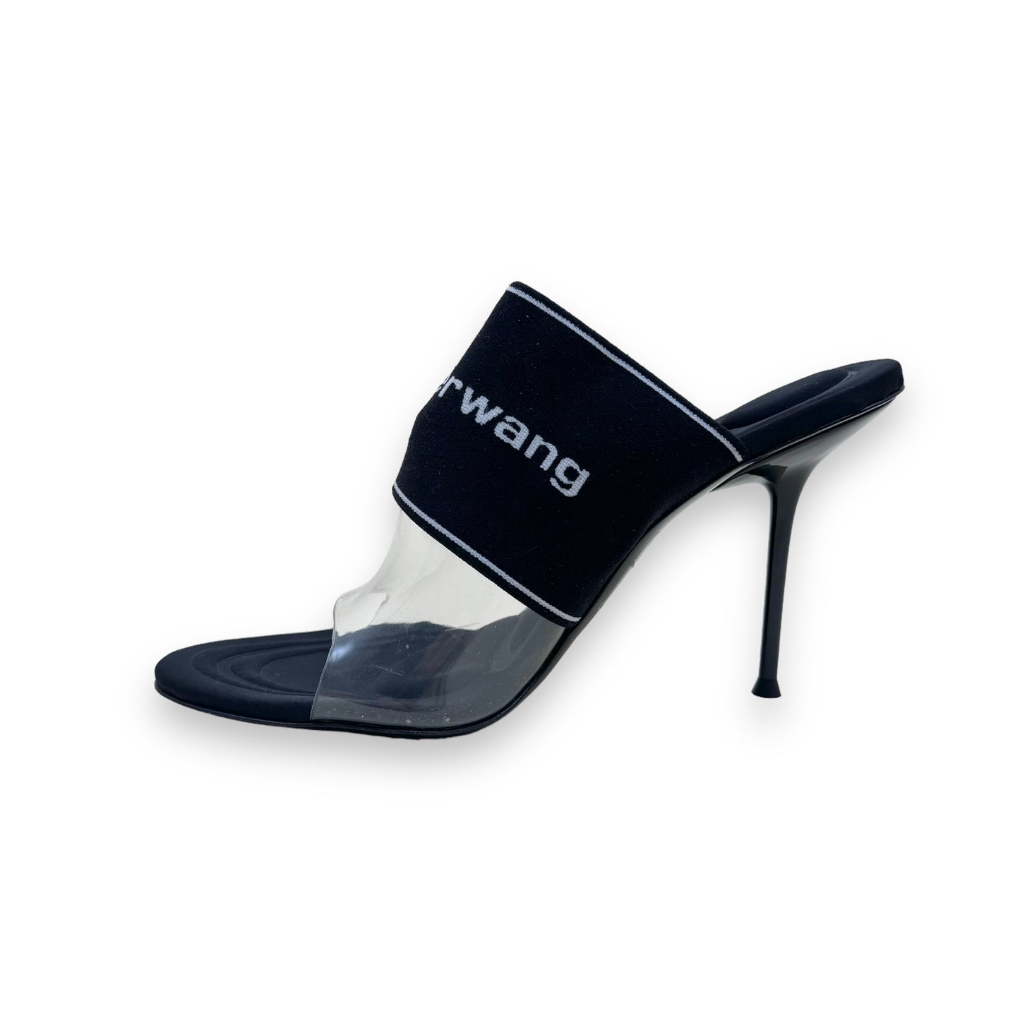 ALEXANDER WANG SIENNA LOGO-JACQUARD STRETCH-KNIT / PVC MULES BLACK UK8