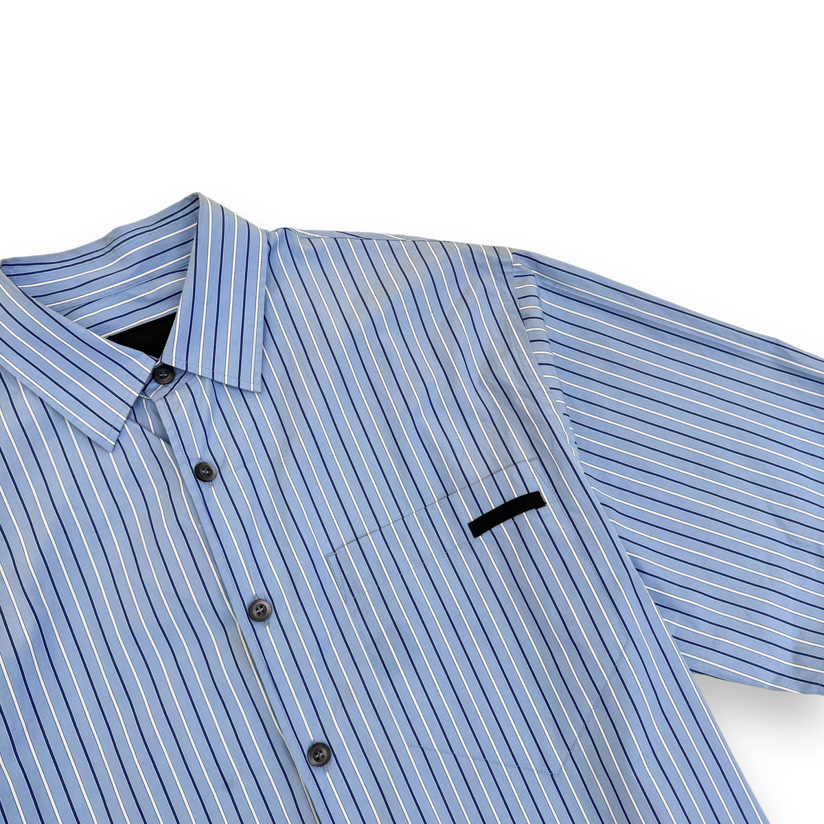 PRADA STRIPED LOGO PATCH COTTON SHORT SLEEVE SHIRT BLUE M