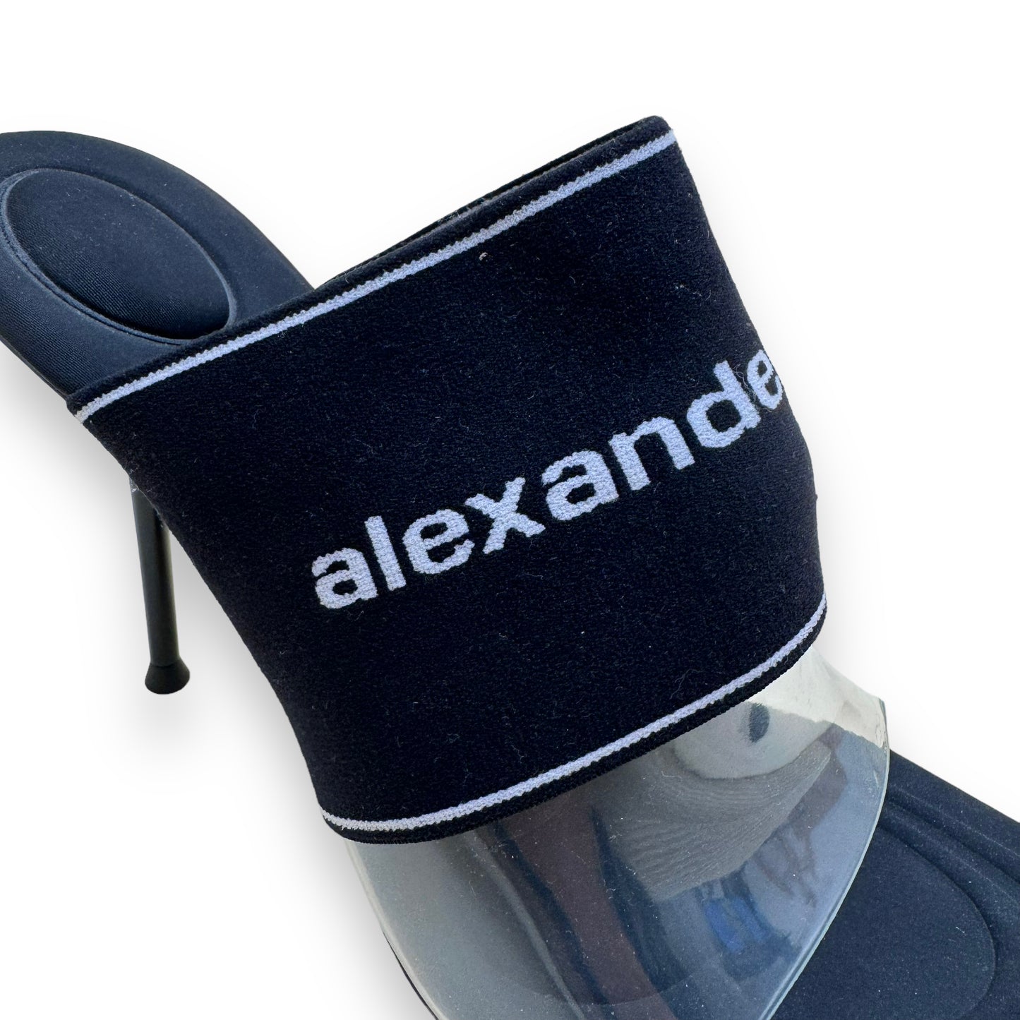 ALEXANDER WANG SIENNA LOGO-JACQUARD STRETCH-KNIT / PVC MULES BLACK UK8