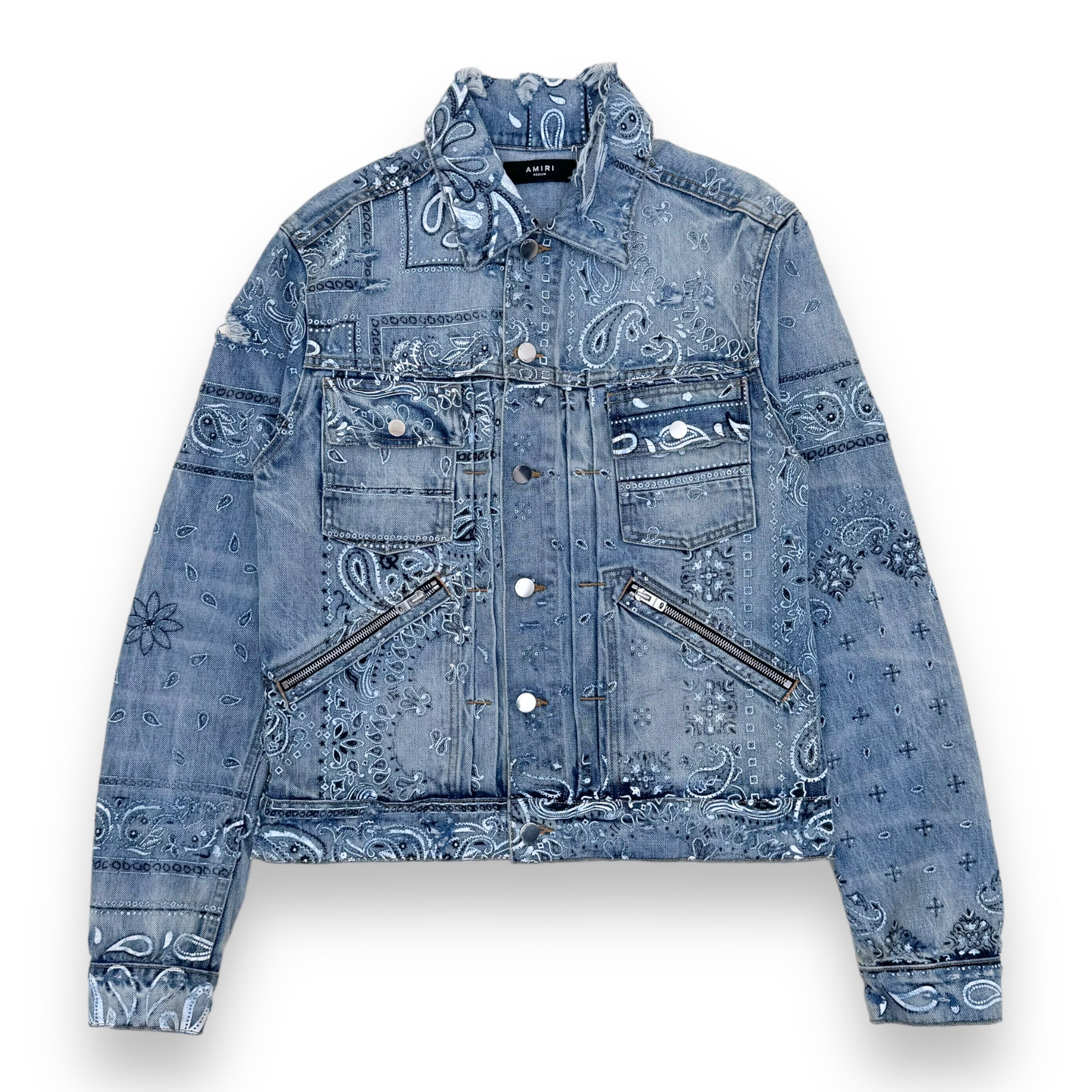 AMIRI SLIM-FIT DISTRESSED BANDANA-PRINT DENIM JACKET BLUE M