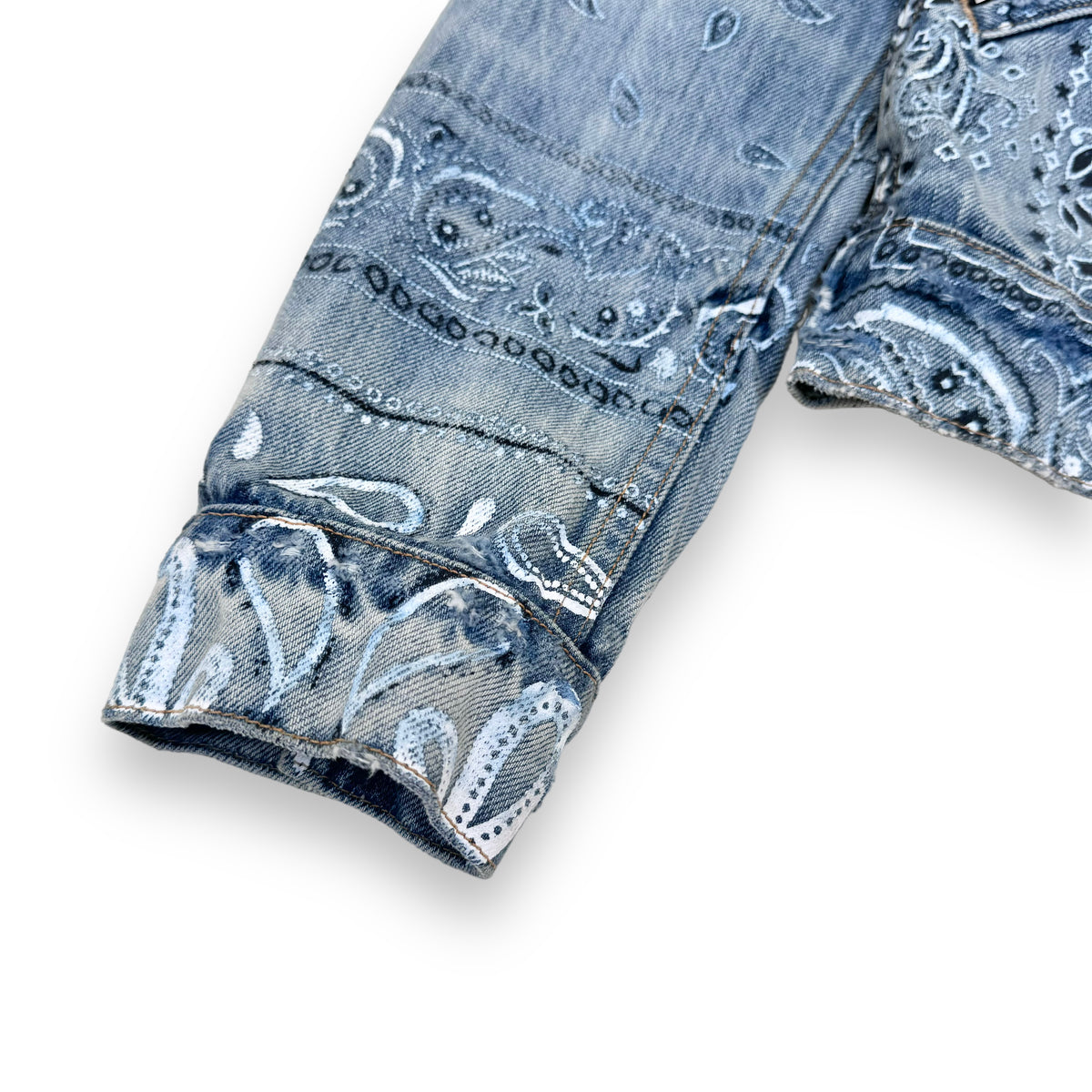 AMIRI SLIM-FIT DISTRESSED BANDANA-PRINT DENIM JACKET BLUE M