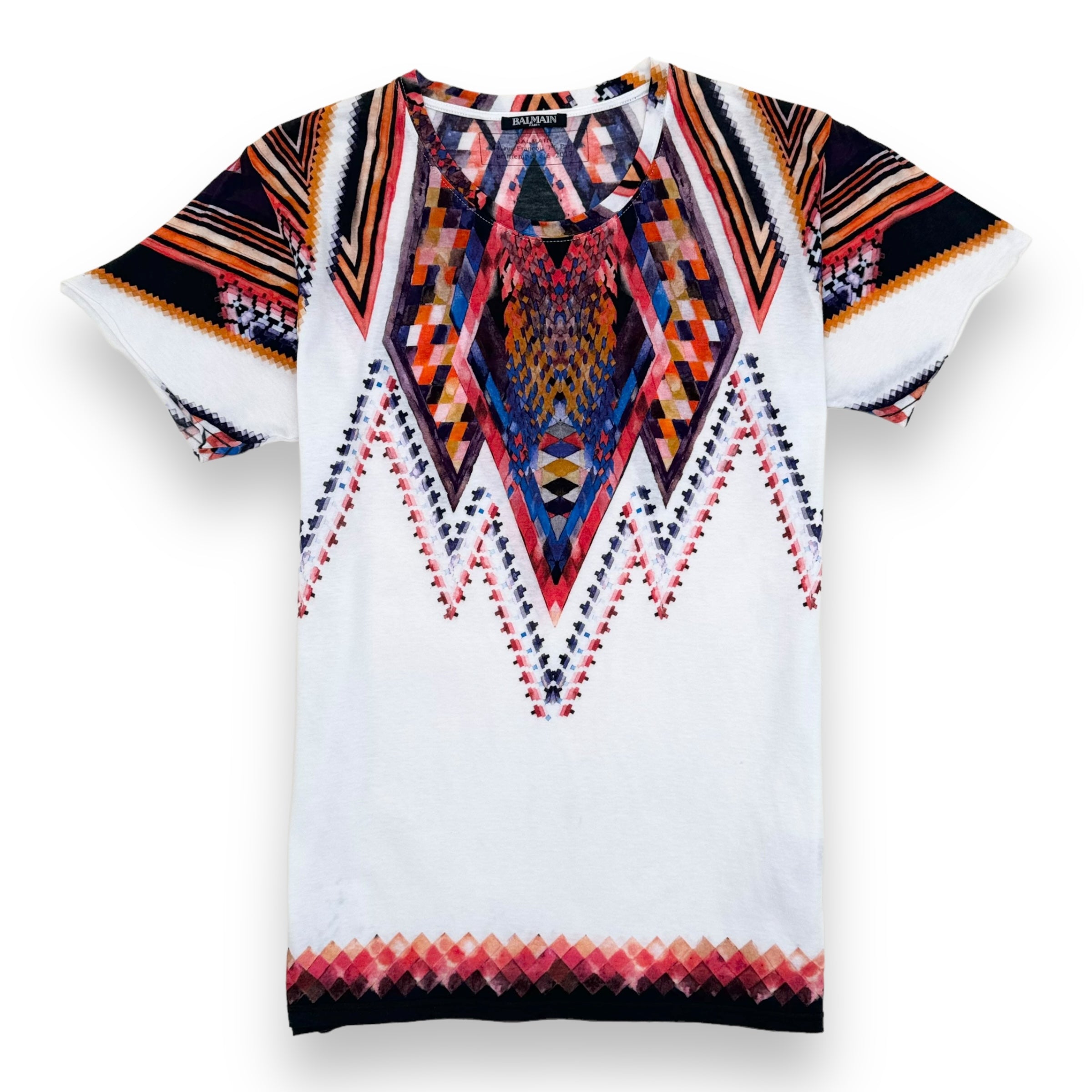 BALMAIN FOLKLORIC PRINT COTTON T-SHIRT WHITE / RED M