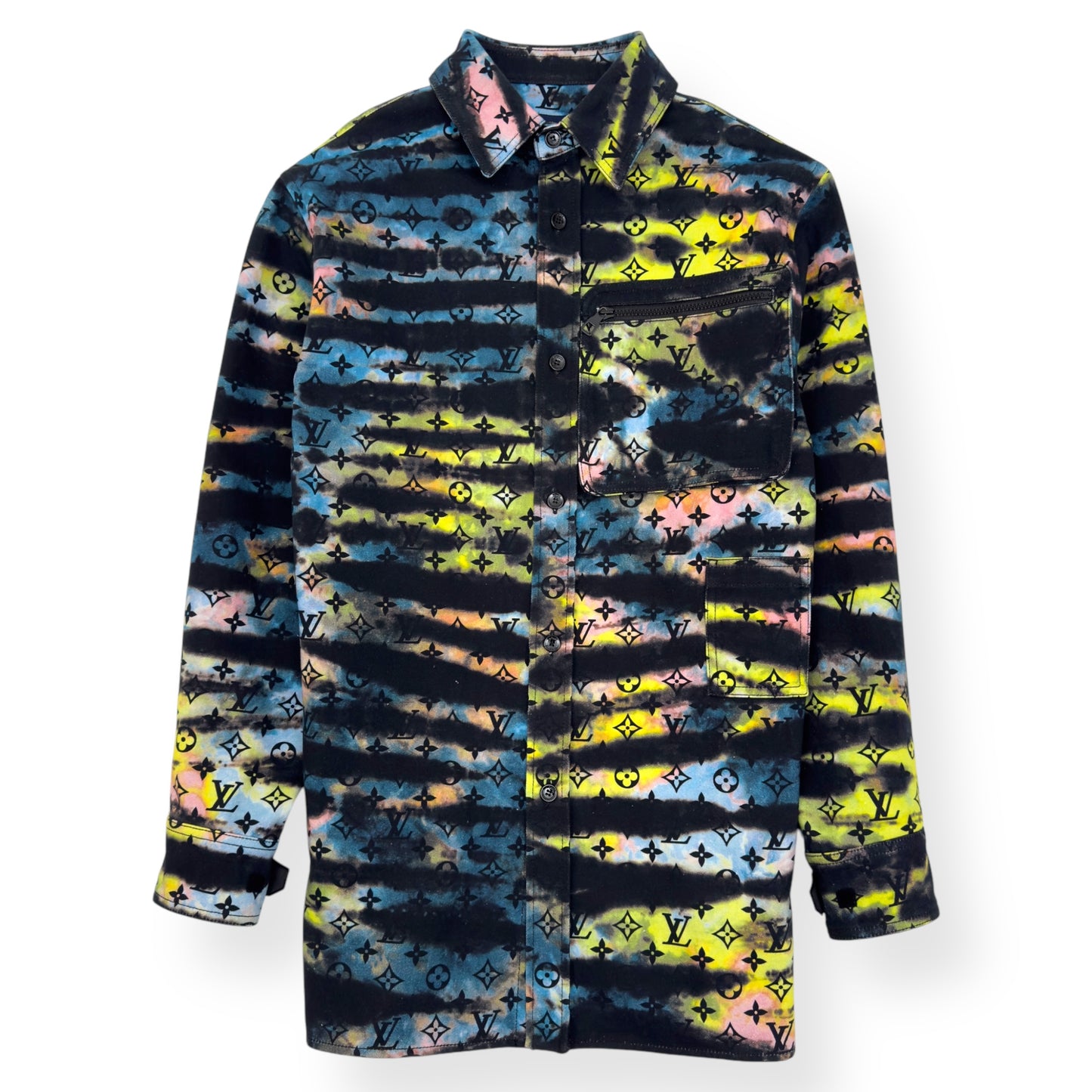 LOUIS VUITTON OVERSIZED UPCYCLED MONOGRAM TIE-DYE DENIM SHIRT MULTICOLOURED XS