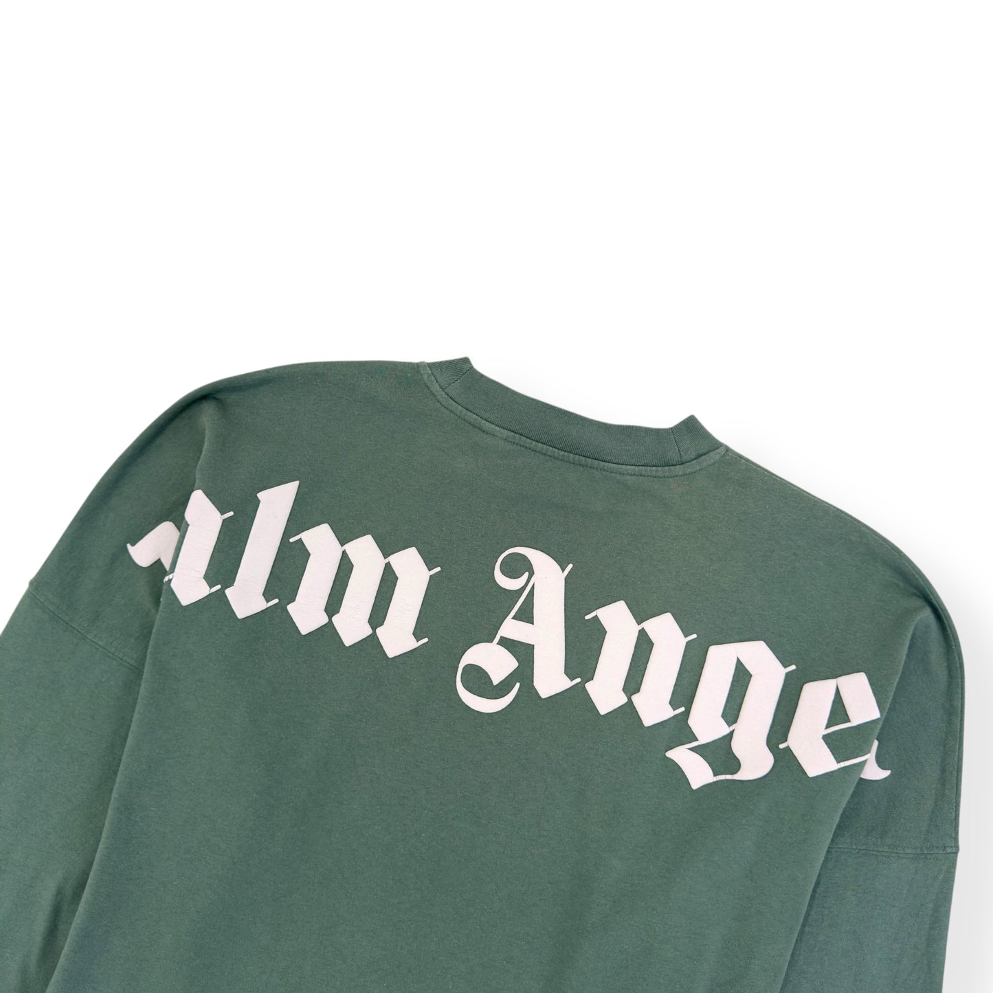 PALM ANGELS SERVICE ANNOUNCEMENT LONG SLEEVE COTTON T-SHIRT GREEN / WHITE XS