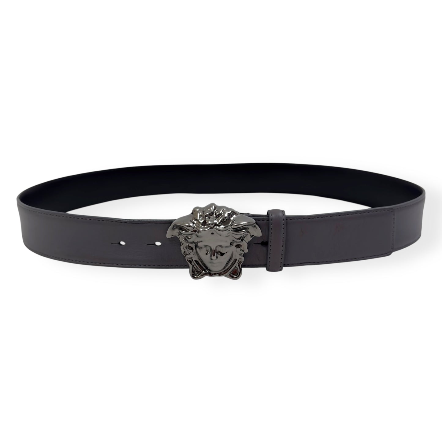 VERSACE MEDUSA HEAD LEATHER BELT GREY / BLACK W34"