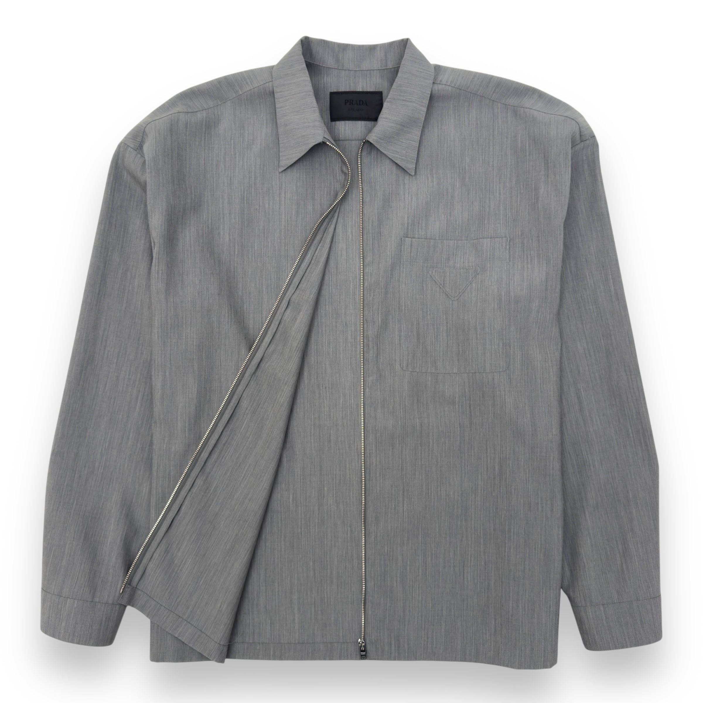 PRADA TRIANGLE-LOGO ZIP-UP SHIRT GREY XL