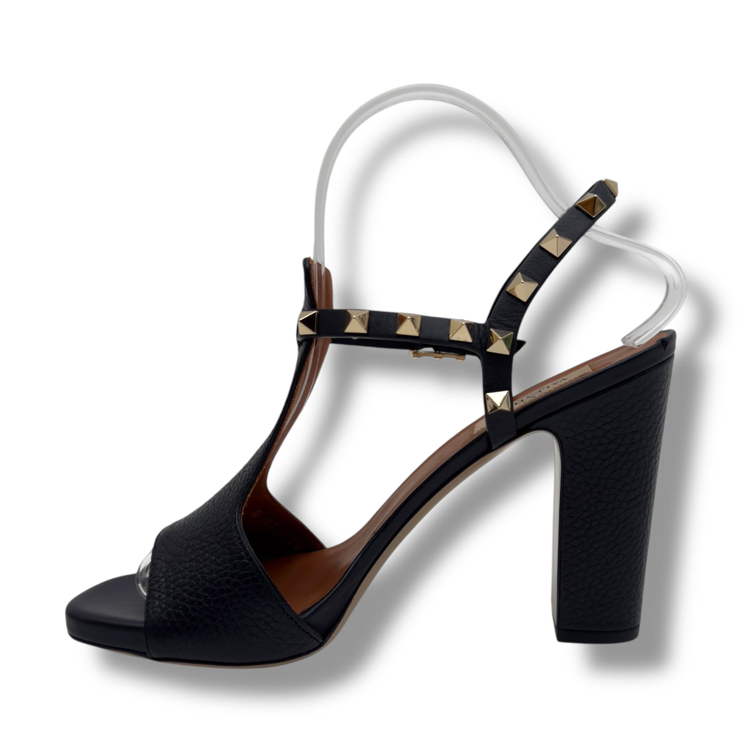 VALENTINO ROCKSTUD ANKLE STRAP LEATHER HEELS 100 BLACK / GOLD EU38 / UK5