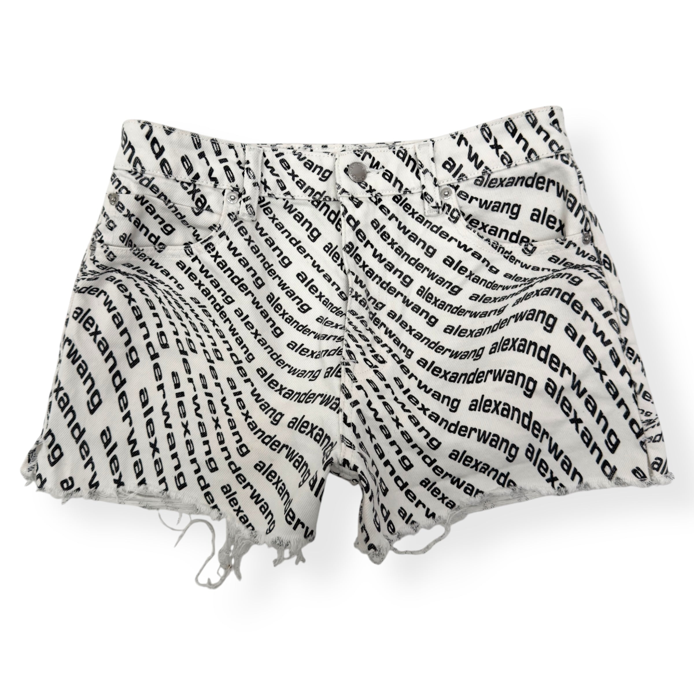 ALEXANDER WANG MONOGRAM HIGH RISE DENIM SHORTS WHITE / BLACK W26”