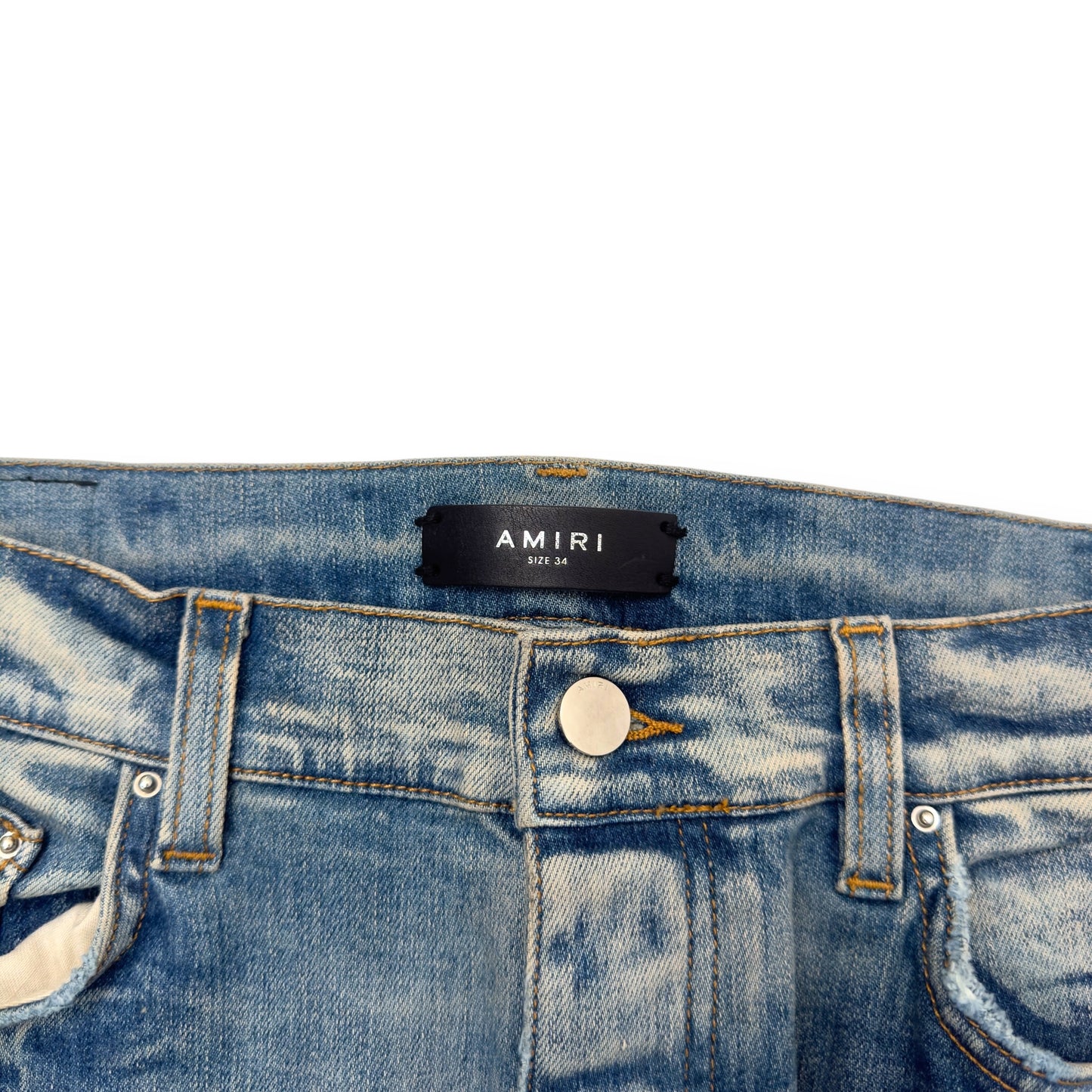 AMIRI VARSITY PATCH DISTRESSED SKINNY DENIM JEANS BLUE / BLACK W34”