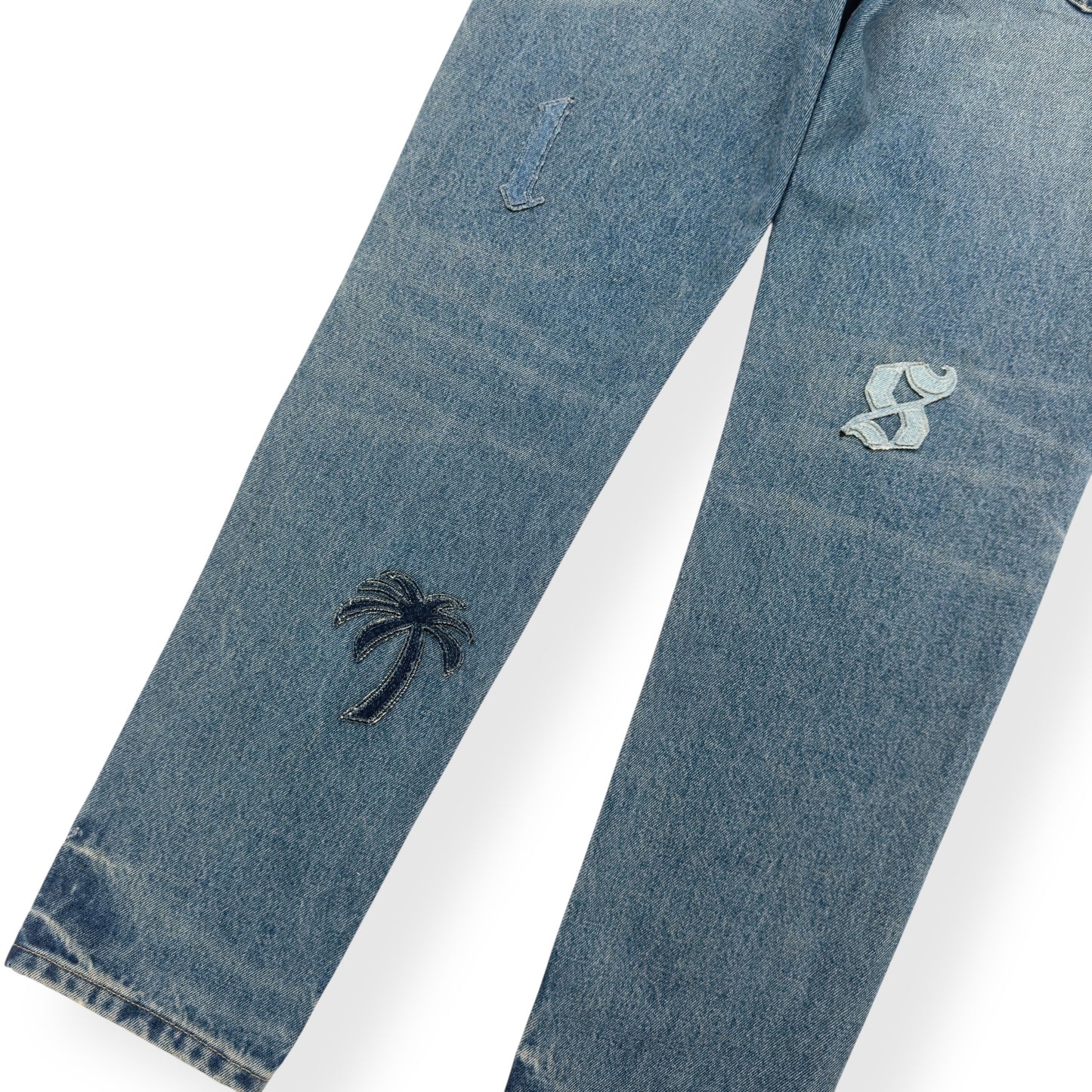 PALM ANGELS LOGO PATCH DENIM JEANS BLUE W33”