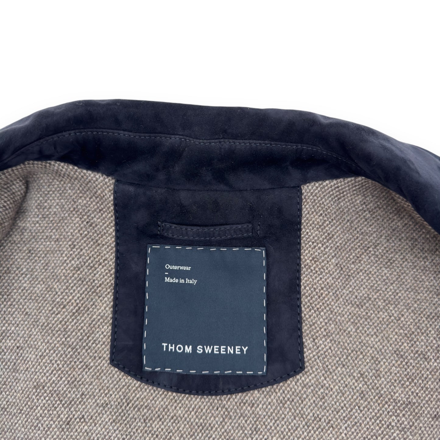 THOM SWEENEY BESPOKE SUEDE COLLARED BOMBER JACKET NAVY M
