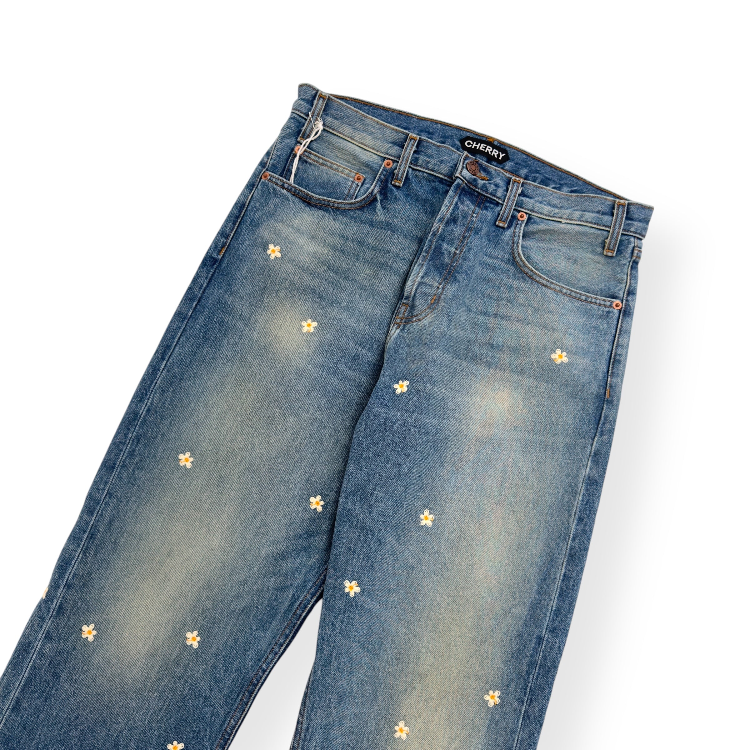 CHERRY LA BLOSSOM STRAIGHT-LEG EMBROIDERED JEANS BLUE W32”