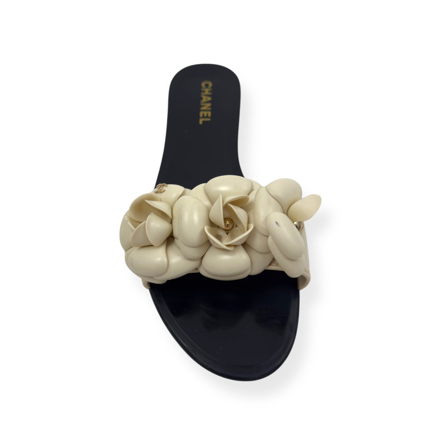 CHANEL CAMELLIA FLOWER RUBBER SANDALS BLACK / CREAM 38 / UK5