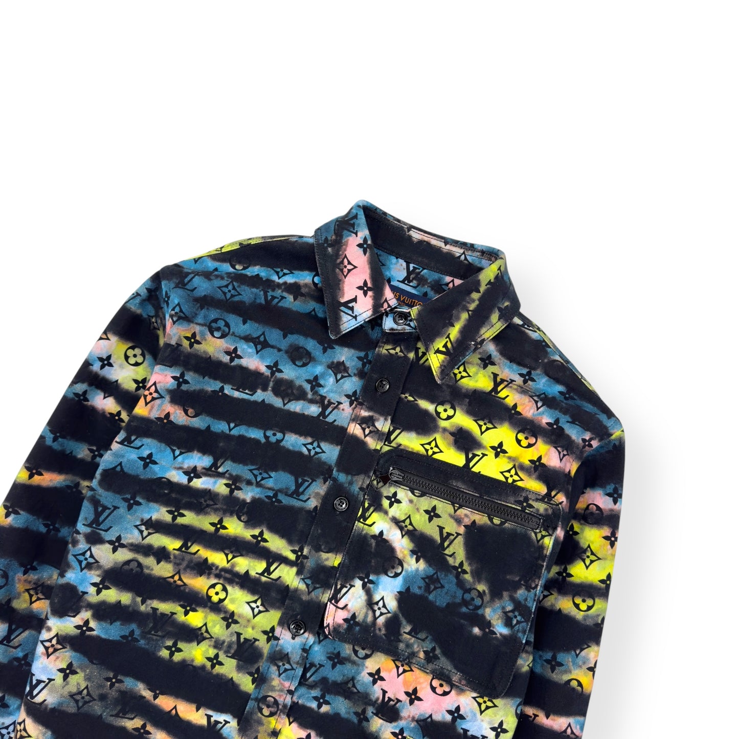 LOUIS VUITTON OVERSIZED UPCYCLED MONOGRAM TIE-DYE DENIM SHIRT MULTICOLOURED XS