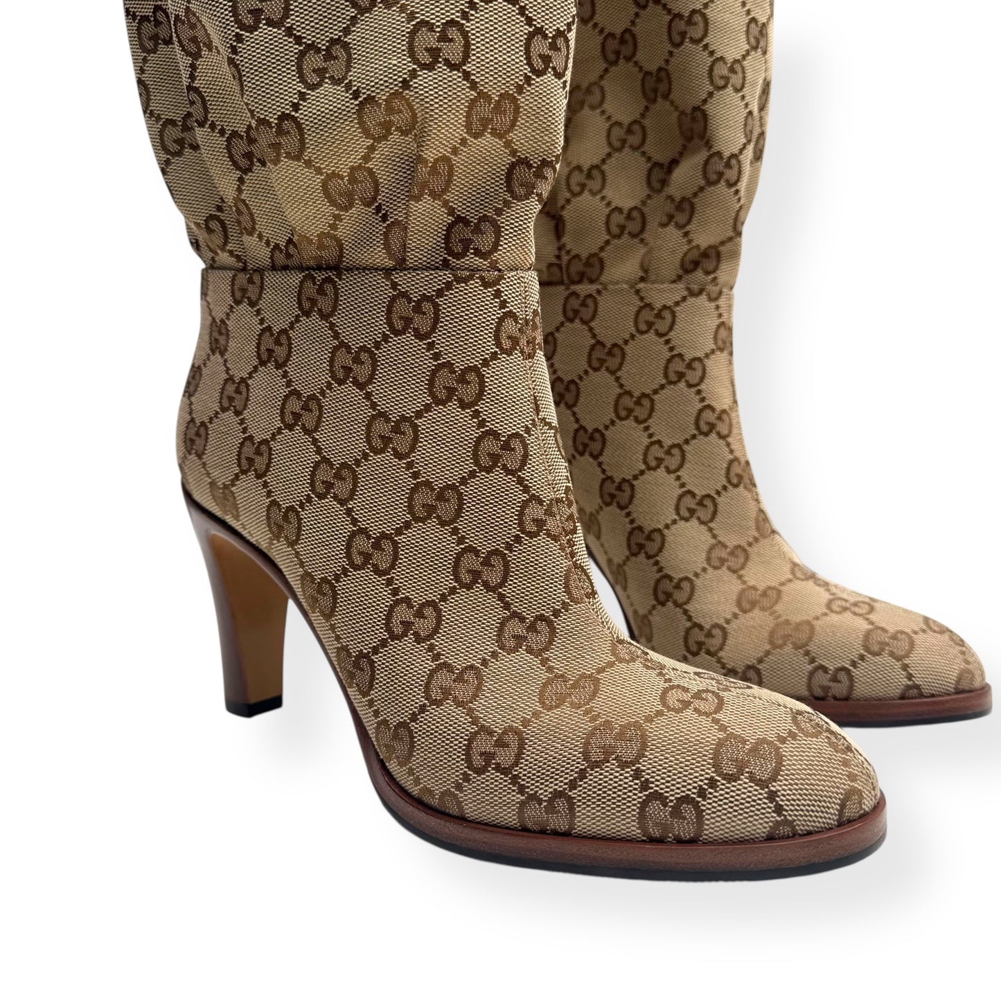 GUCCI LISA GG CANVAS MID-HEEL BOOTS BEIGE / EBONY UK5 / EU38