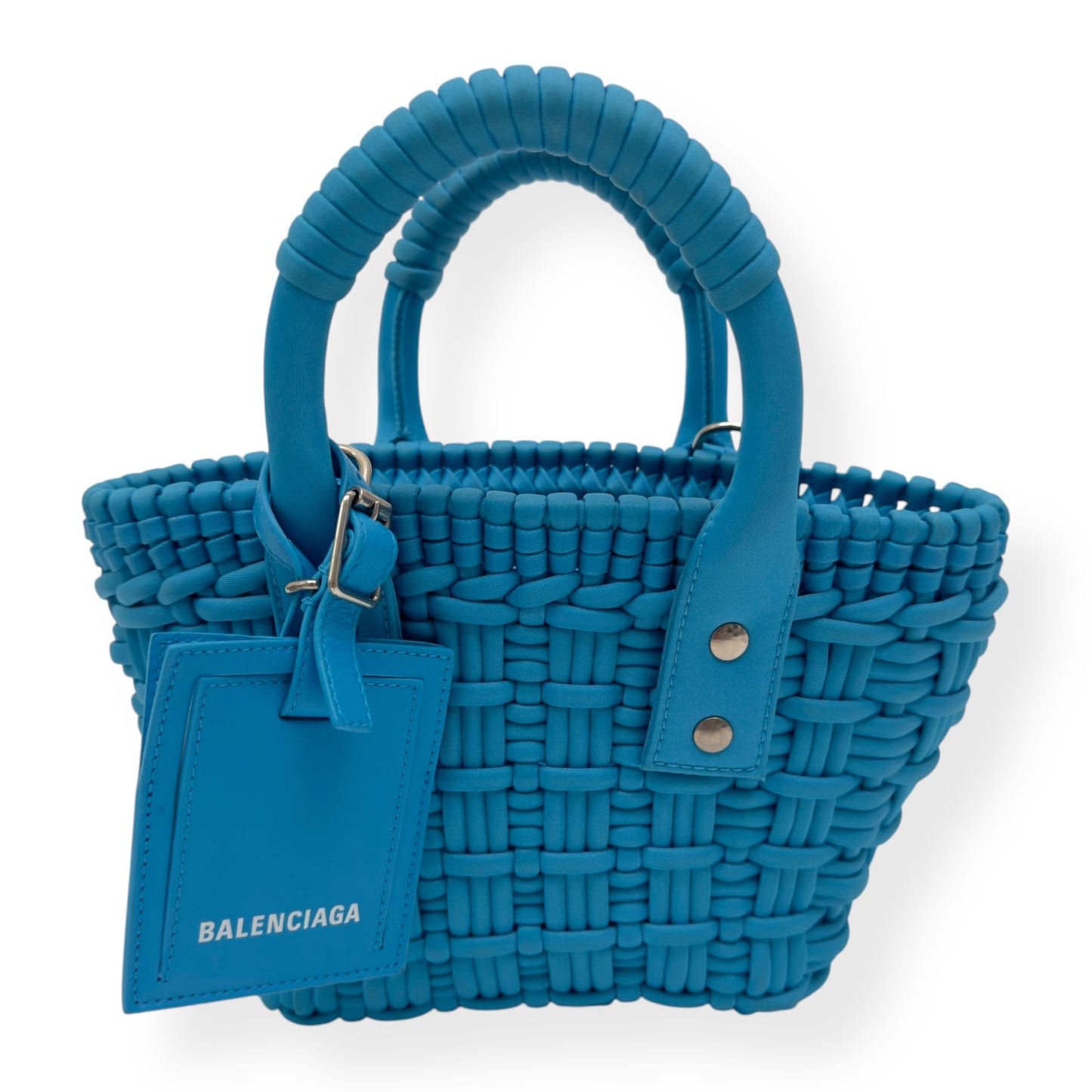 BALENCIAGA BISTRO RECYCLED NYLON BASKET BAG BLUE XXS
