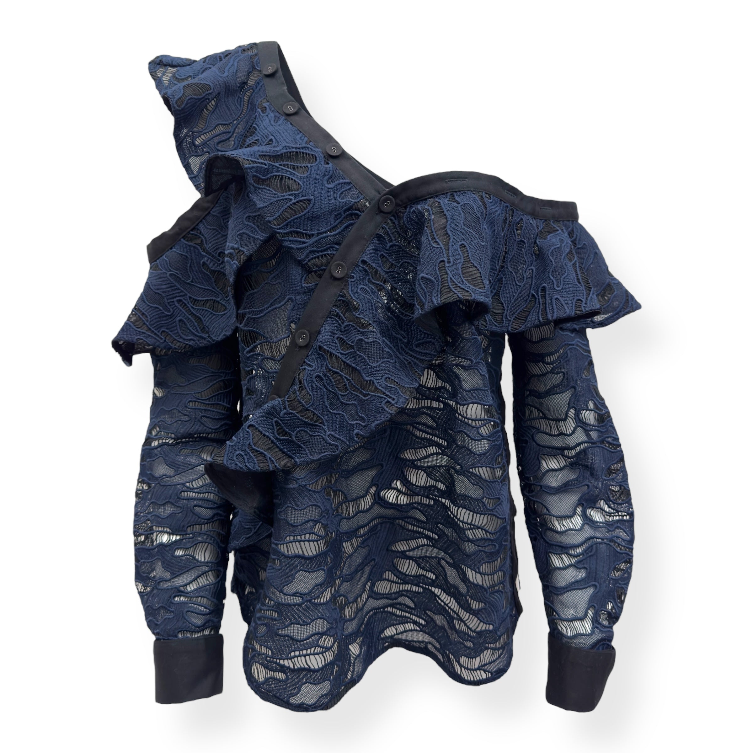 SELF-PORTRAIT GUIPURE LACE ONE-SHOULDER TOP BLUE UK12