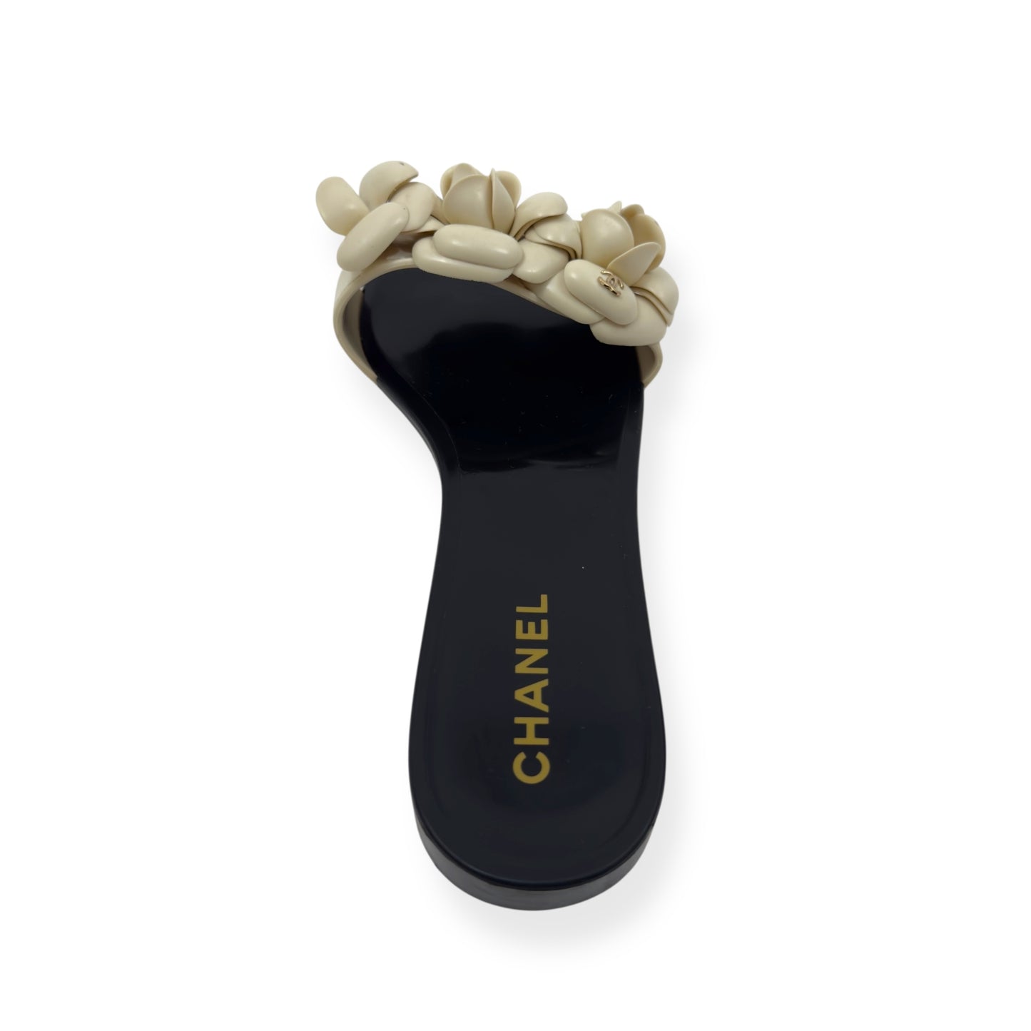 CHANEL CAMELLIA FLOWER RUBBER SANDALS BLACK / CREAM 38 / UK5