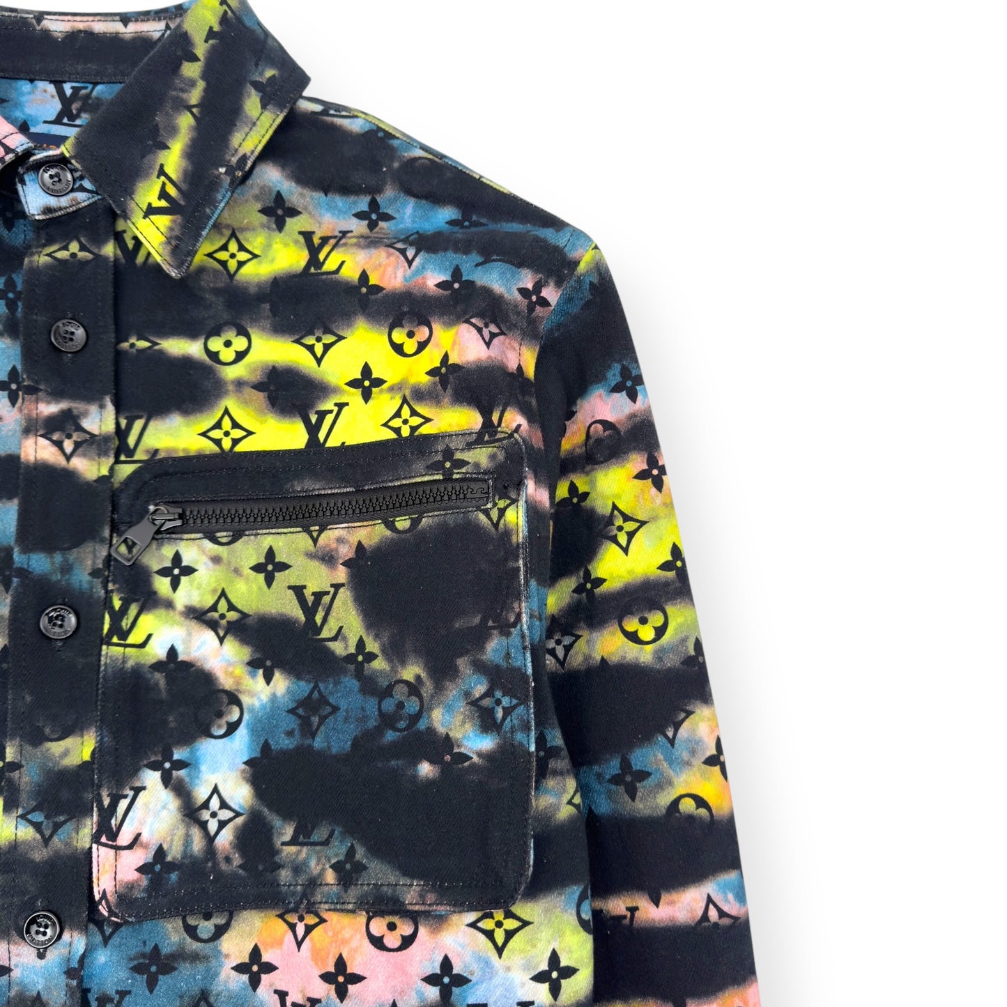 LOUIS VUITTON OVERSIZED UPCYCLED MONOGRAM TIE-DYE DENIM SHIRT MULTICOLOURED XS