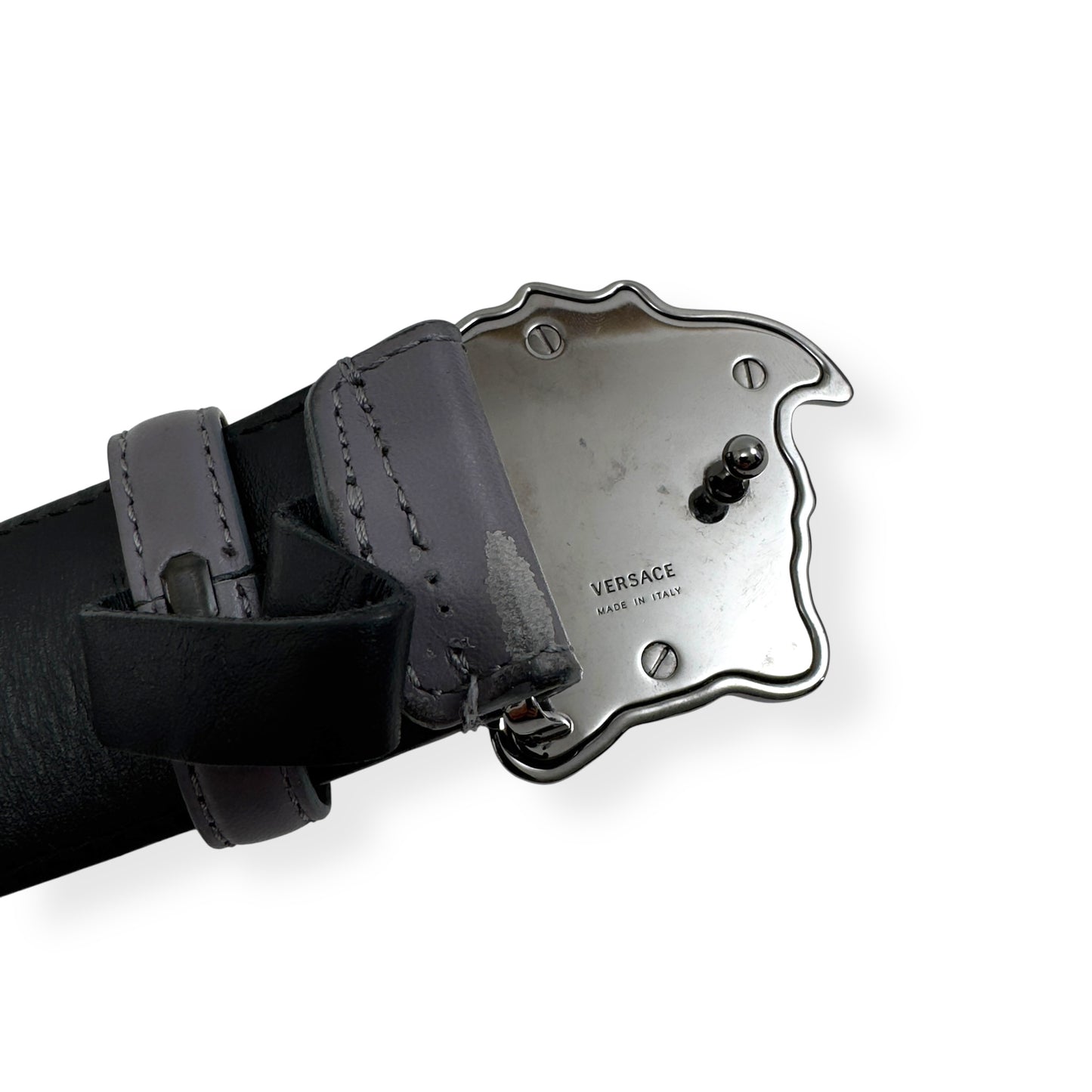 VERSACE MEDUSA HEAD LEATHER BELT GREY / BLACK W34"