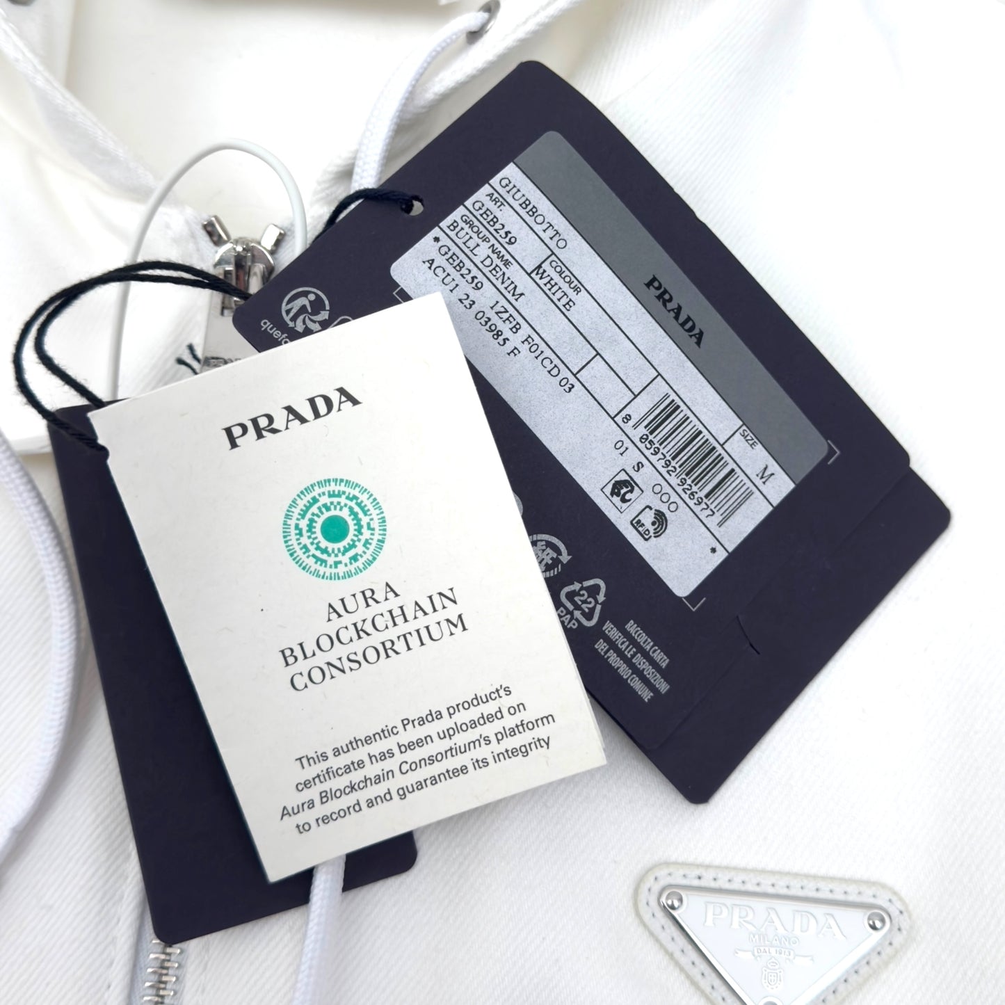 PRADA TRIANGLE LOGO ZIP-UP DENIM HOODIE WHITE M