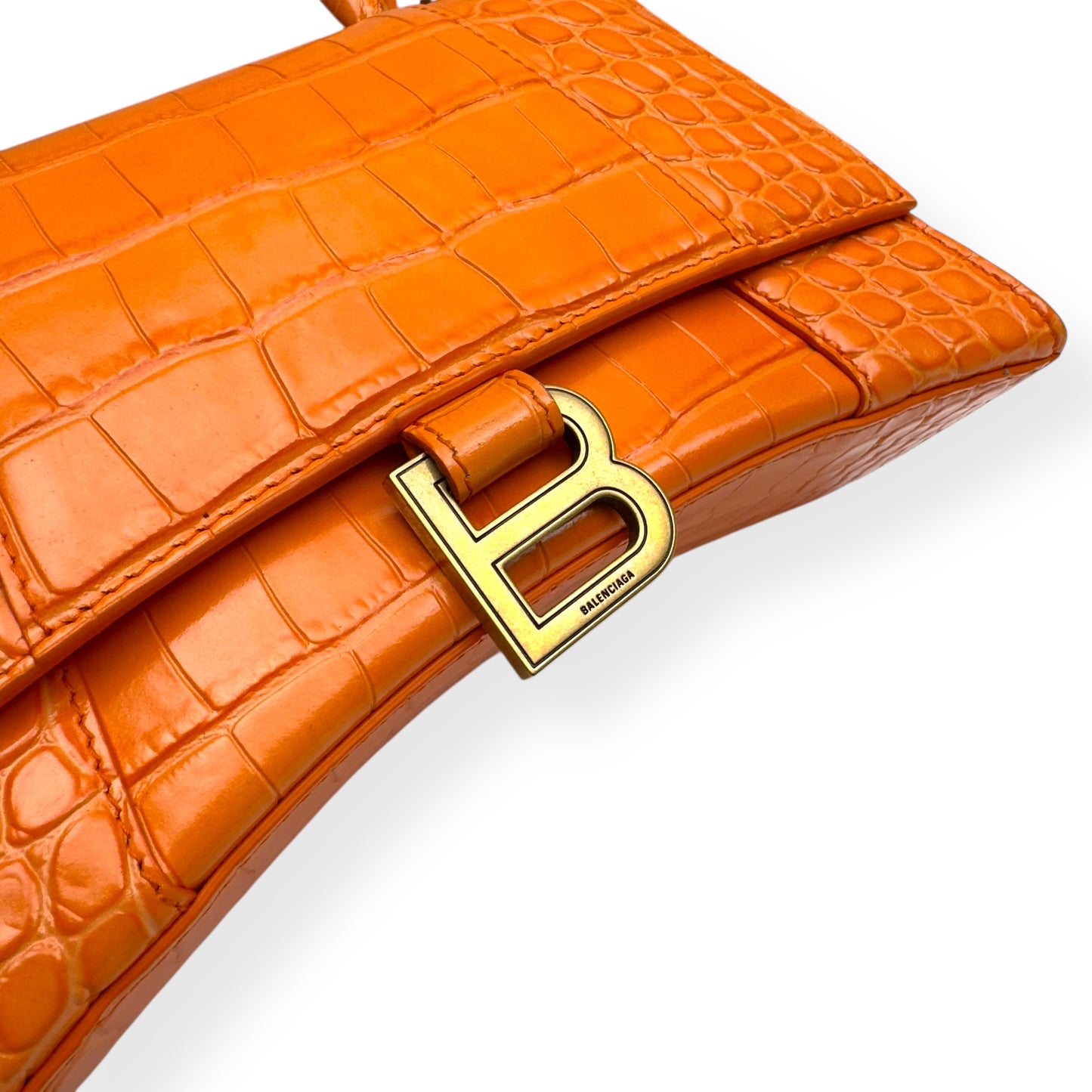 BALENCIAGA HOURGLASS CROCODILE PRINT LEATHER BAG ORANGE S