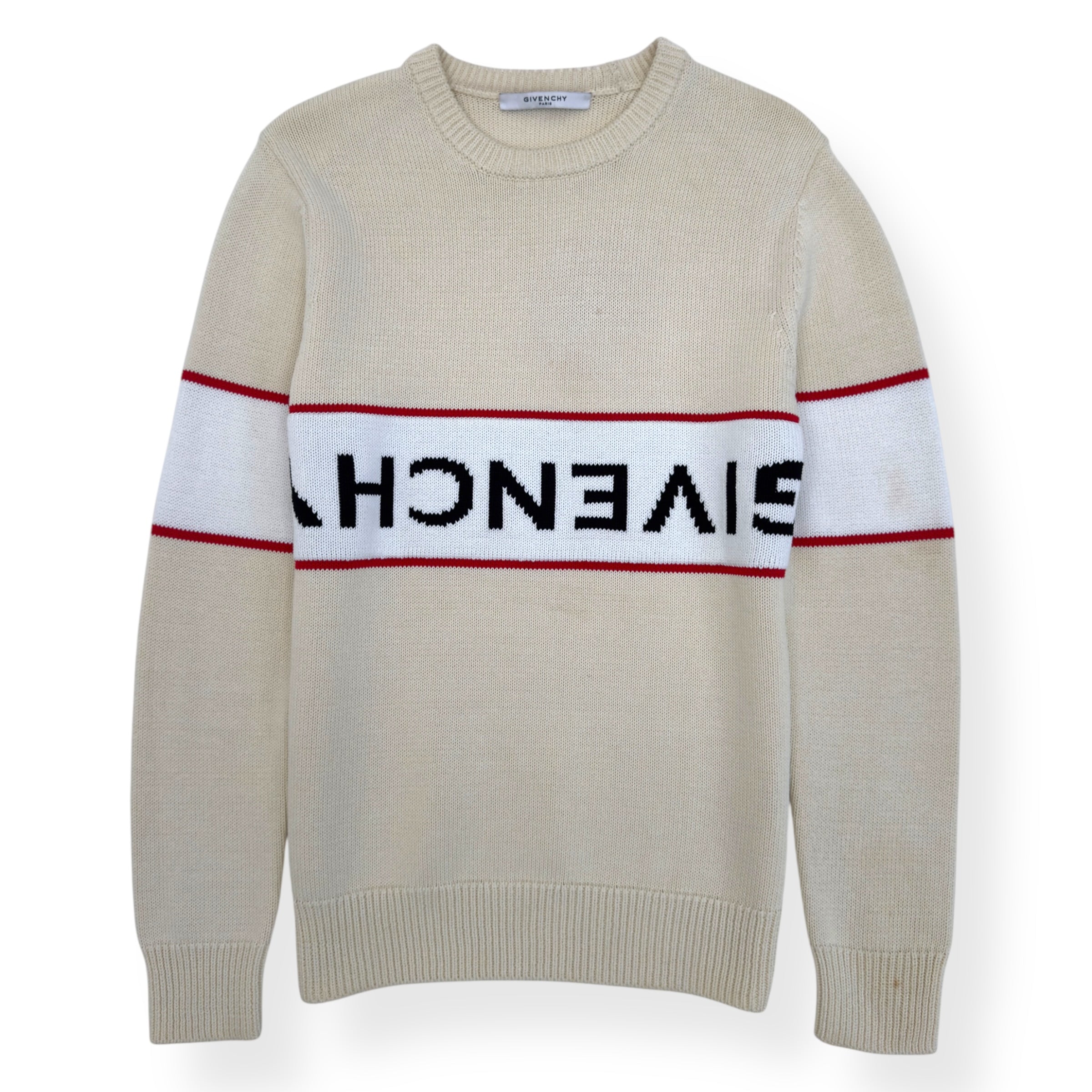 GIVENCHY REVERSE LOGO CREW KNIT SWEATER OFF-WHITE / RED S